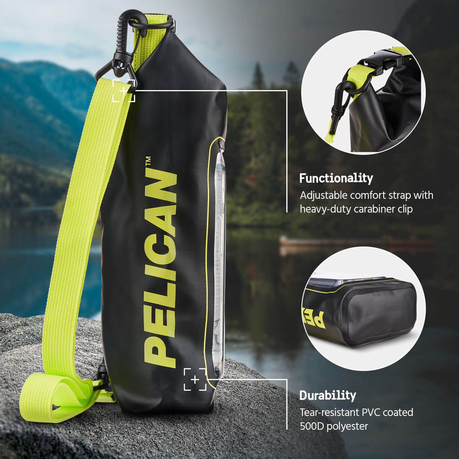 Pelican Marine Waterproof Phone Dry Bag 1P66 Water Resistant. Full Protection against dust, dirt, and other environmental elements. color::Black/ Hi Vis Yellow
