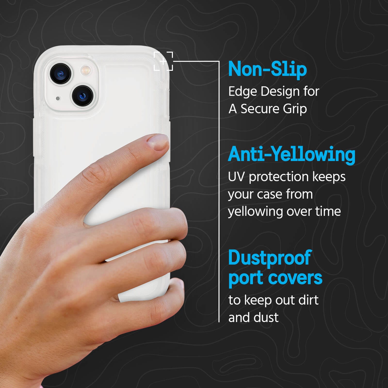 Non-slip edge design for a secure grip. Anti-yellowing UV protection keeps your case from yellowing over time. Dustproof port covers to keep out dirt and dust. color::Clear