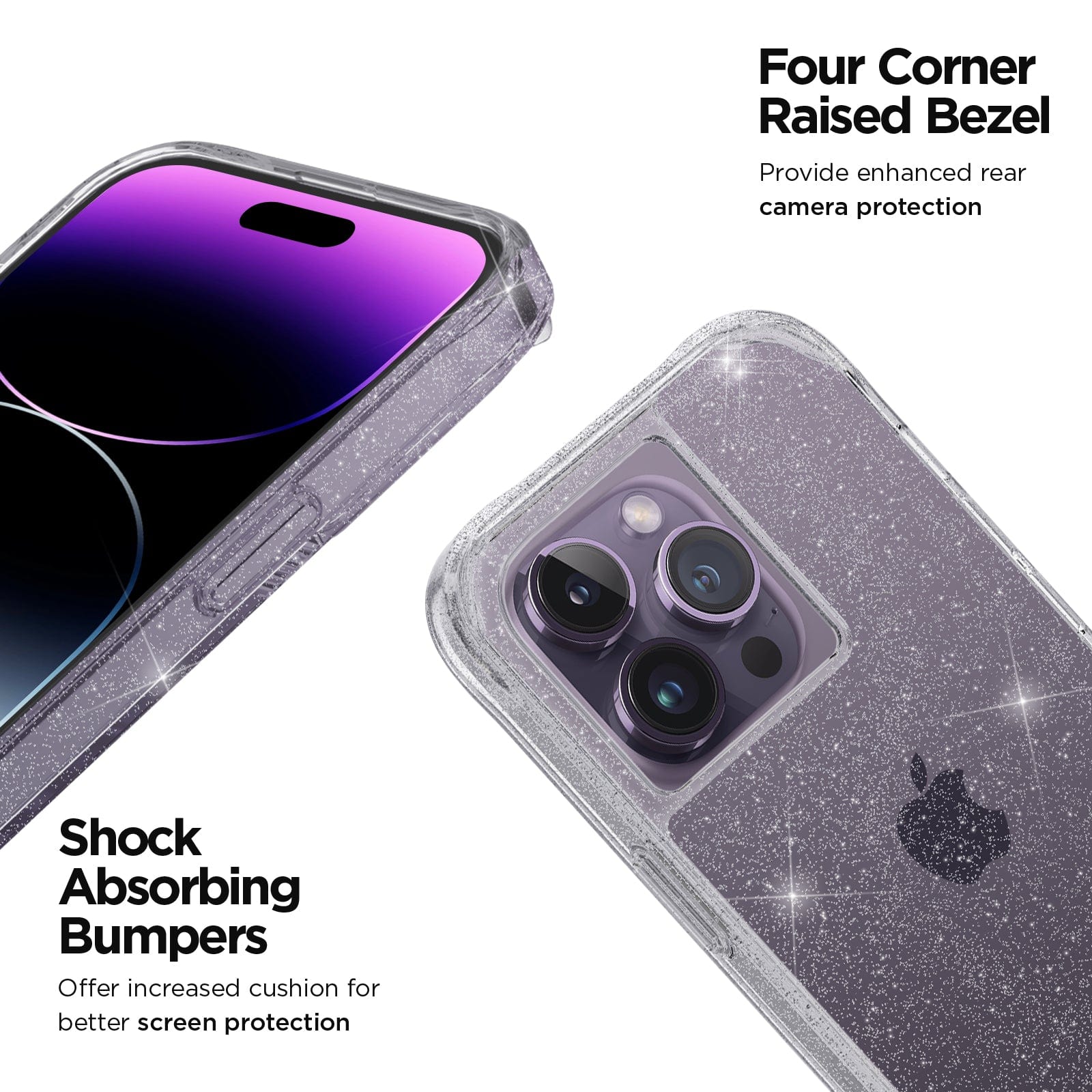FOUR CORNER RAISED BEZEL PROVIDE ENHANCED REAR CAMERA PROTECTION. SHOCK ABSORBING BUMPES OFFER INCREASED CUSHION FOR BETTER SCREEN PROTECTION. 