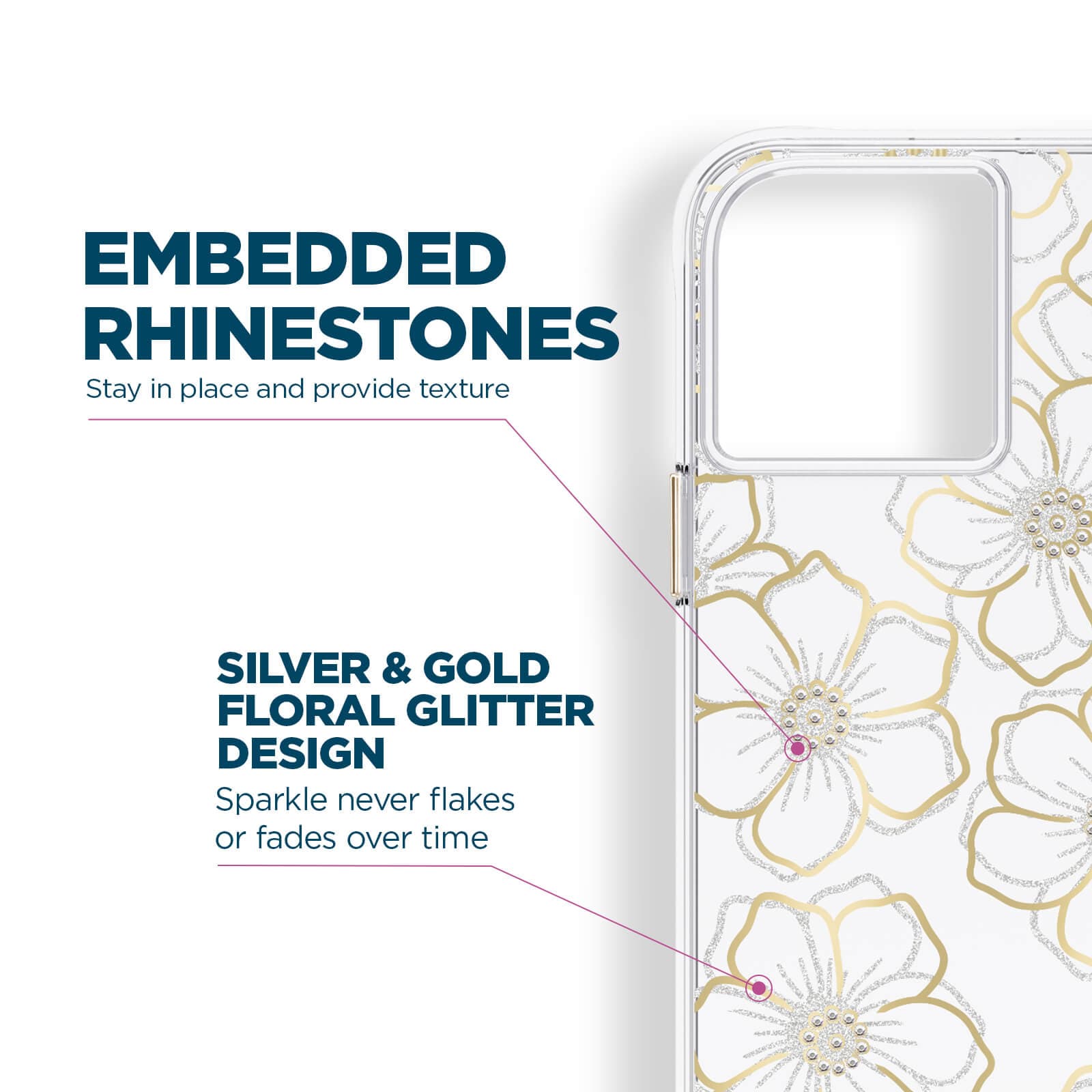 Embedded rhinestones stay in place and provide texture. Silver & gold floral glitter design. sparkle never flakes or fades over time. color::Floral Gems