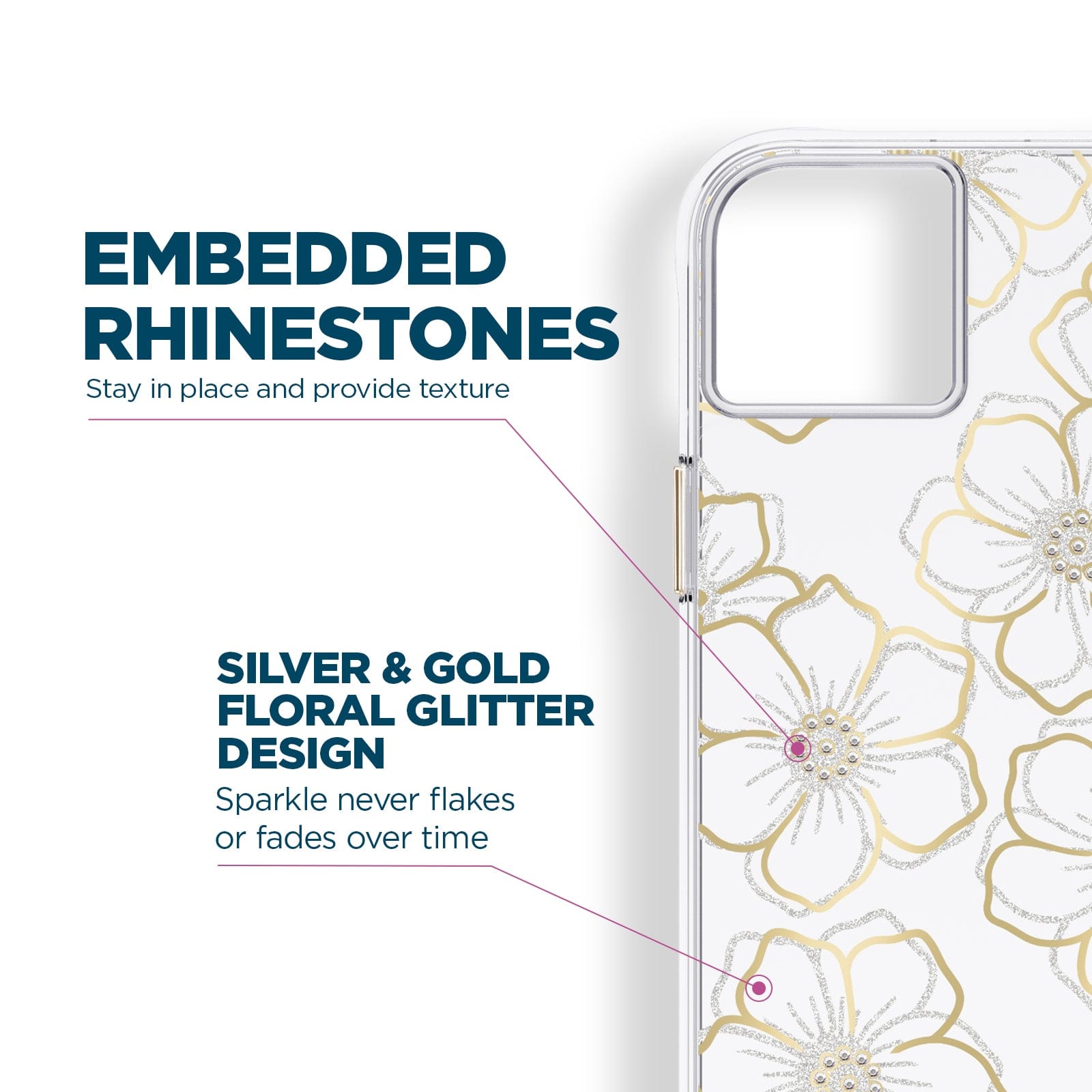 Embedded rhinestones stay in place and provide texture. Silver & gold floral glitter design. Sparkle never flakes or fades over time.