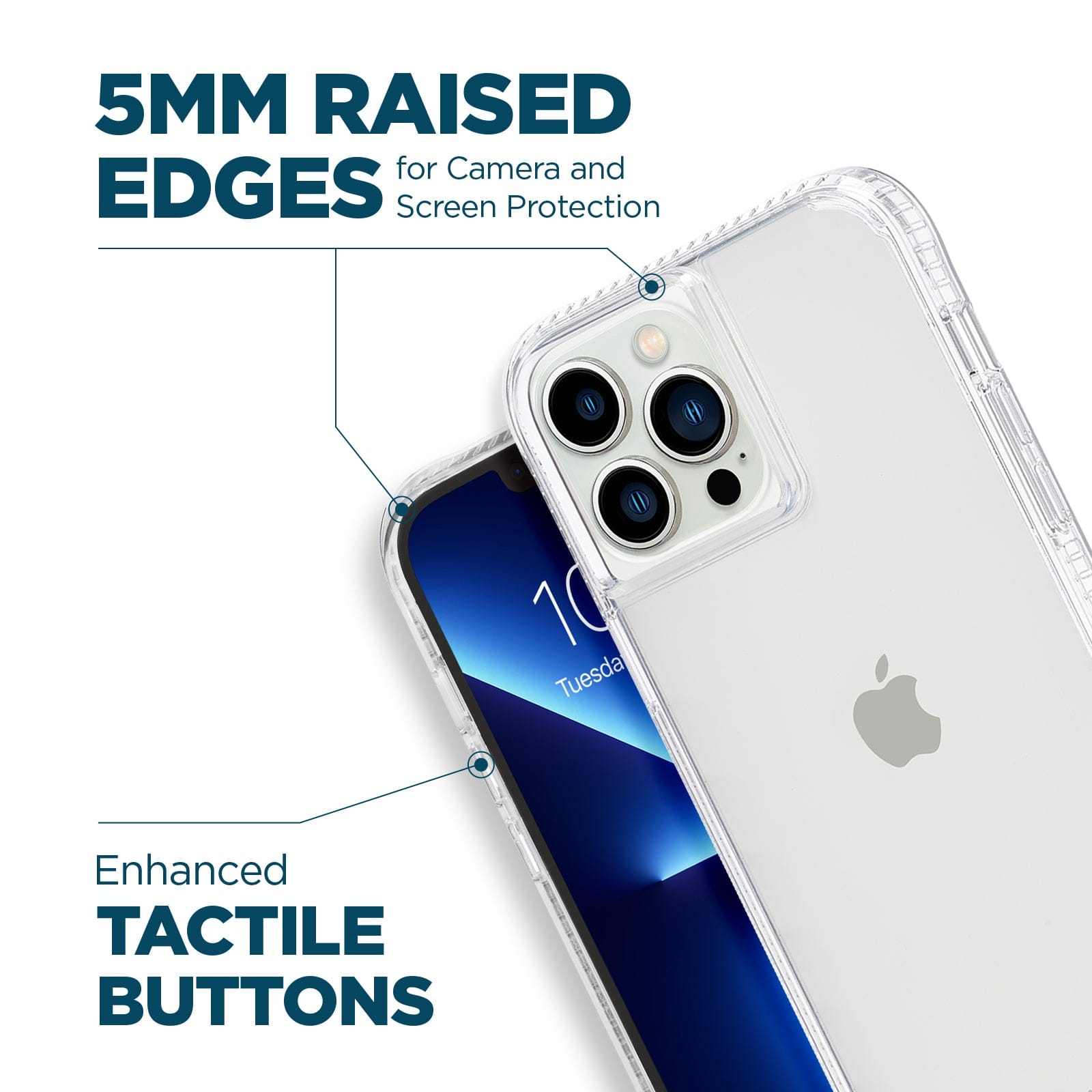 5mm raised edges for camera and screen protection. Enhanced tactile buttons. color::Clear