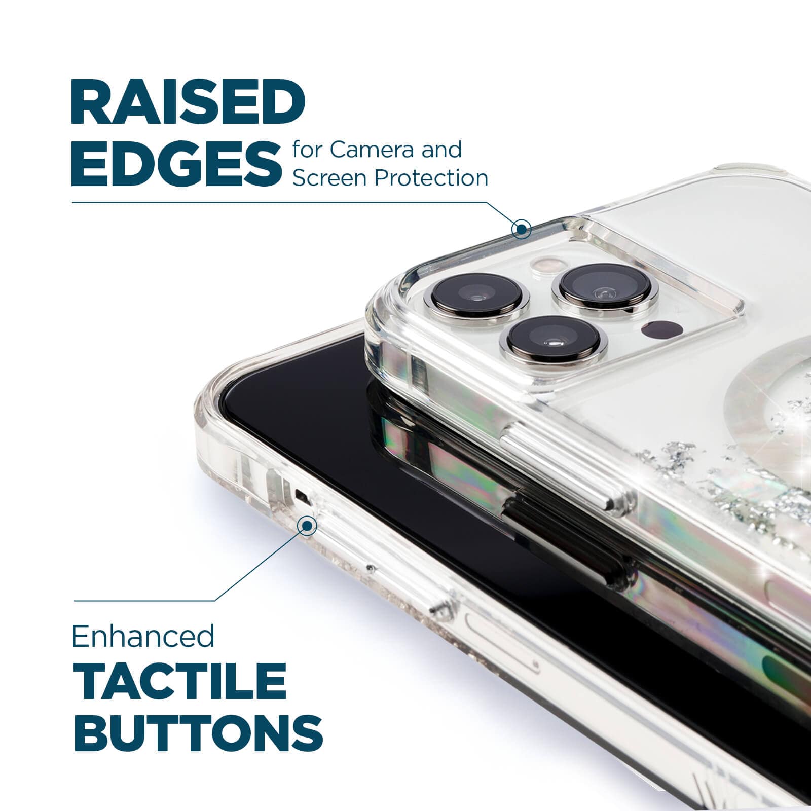 Raised edges for camera and screen protection. Enhanced tactile buttons. color::Pearl
