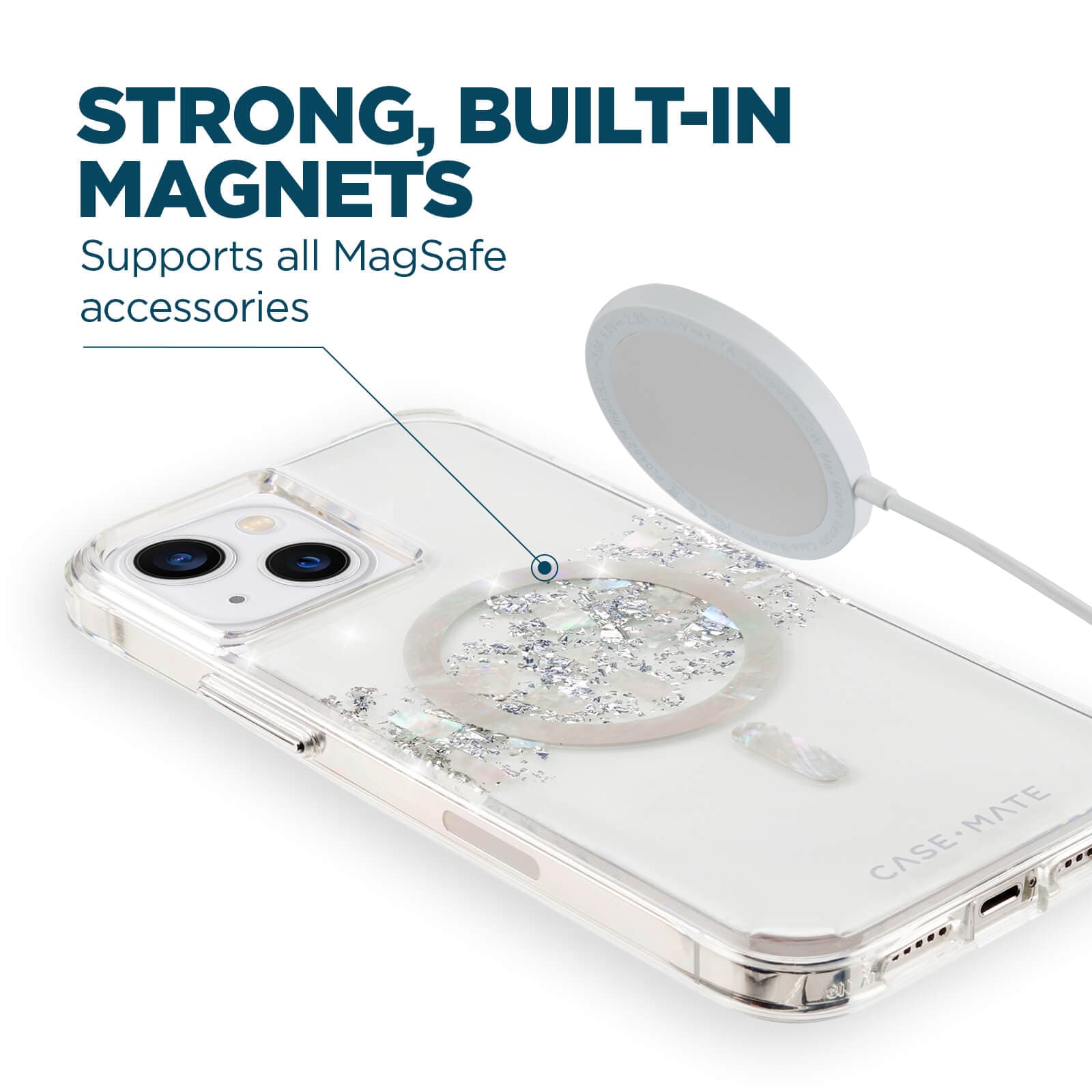 Strong, built-in magnets supports all MagSafe accessories. color::Pearl