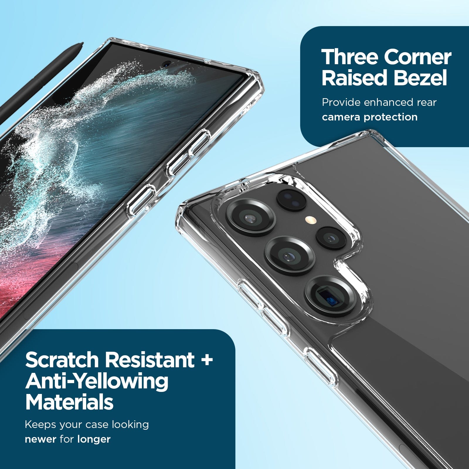 THREE CORNER RAISED BEZEL. PROVIDE ENHANCED REAR CAMERA PROTECTION. SCRATCH RESISTANT + ANTI-YELLOWING MATERIALS. KEEPS YOUR CASE LOOKING NEWER FOR LONGER.
