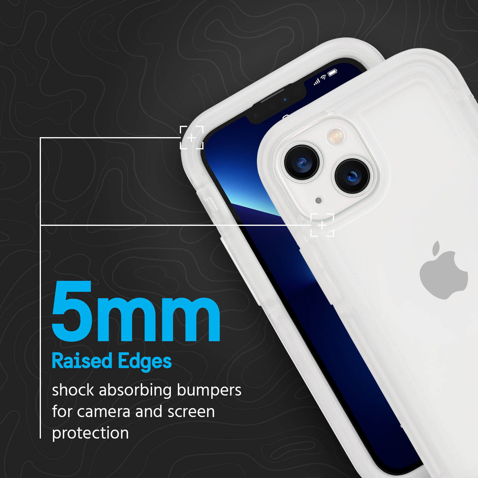 5mm raised edges. shock absorbing bumpers for camera and screen protection. color::Clear