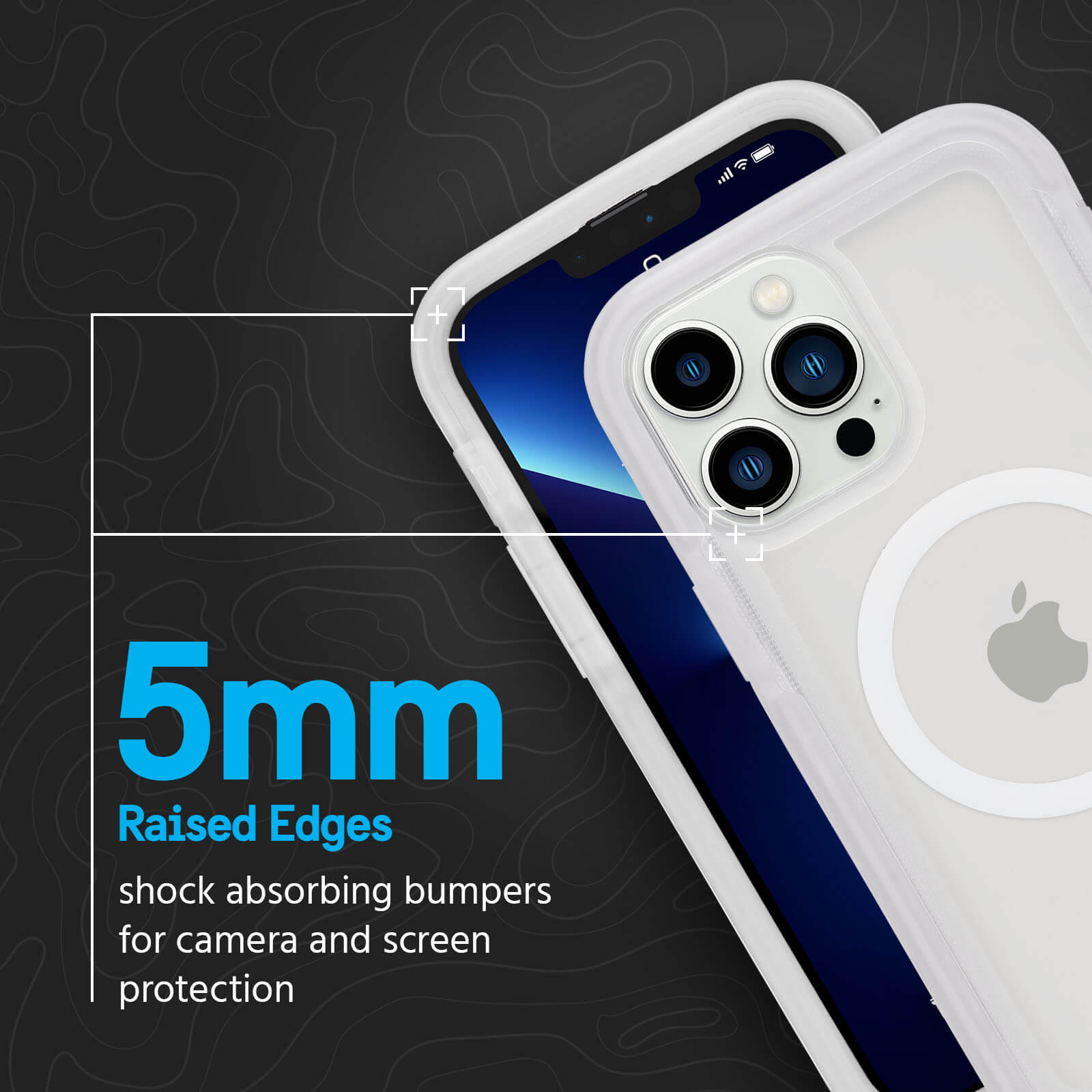 5mm Raised Edges shock absorbing bumpers for camera and screen protection. color::Clear