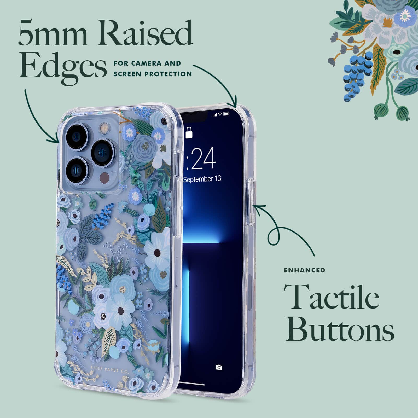 5mm Raised Edges for camera screen protection. Enhanced tactile buttons. color::Garden Party Blue