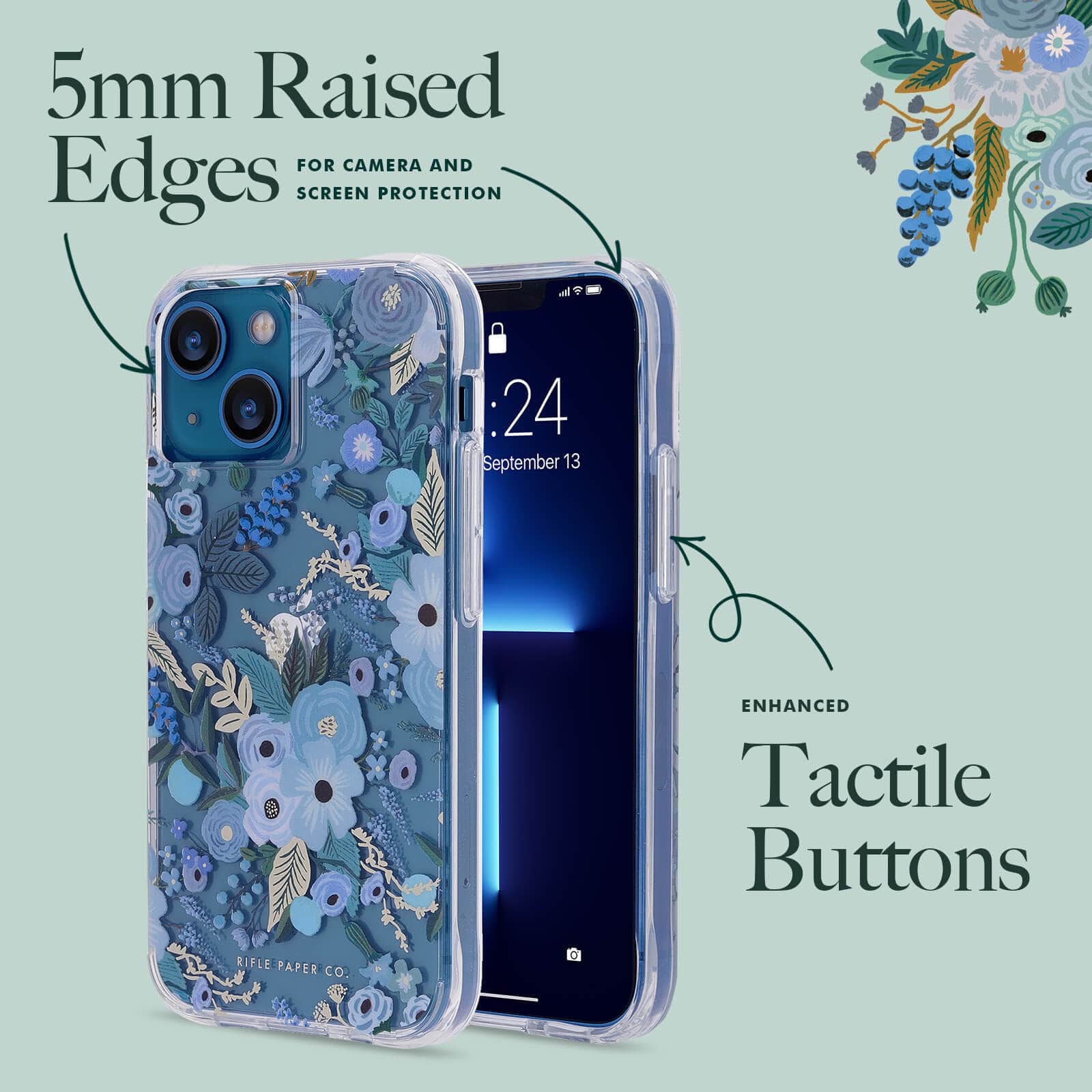 5mm Raised edges for camera and screen protection. Enhanced tactile buttons. color::Garden Party Blue