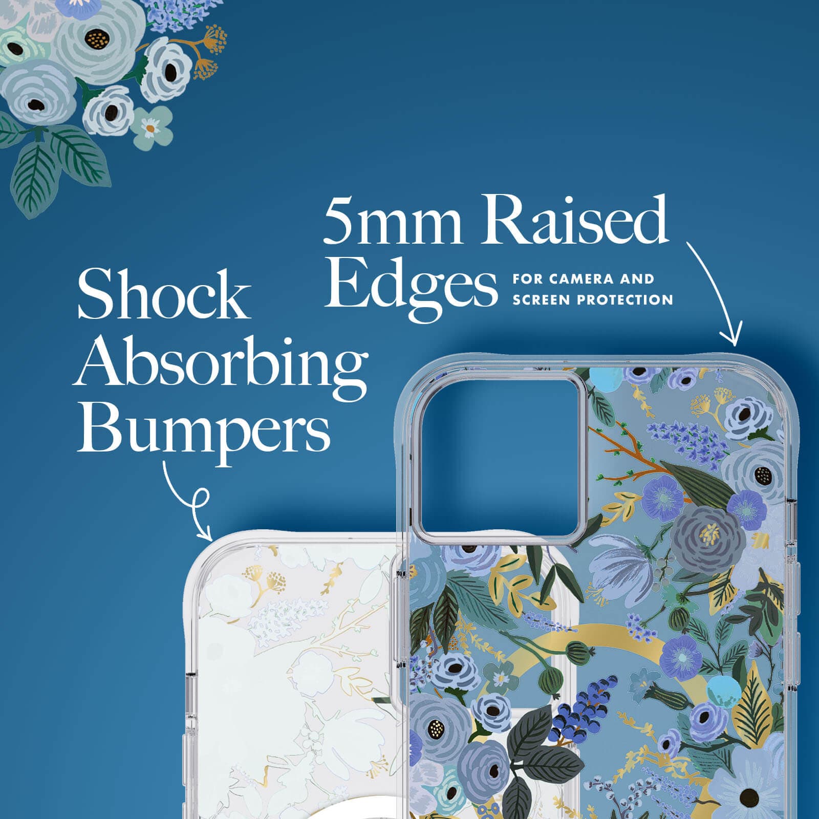 Shock absorbing bumpers. 5mm Raised Edges for camera and screen protection. color::Garden Party Blue