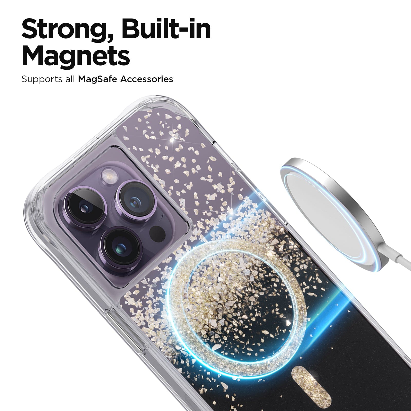 STRONG, BUILT IN MAGNETS. SUPPORTS ALL MAGSAFE ACCESSORIES. 