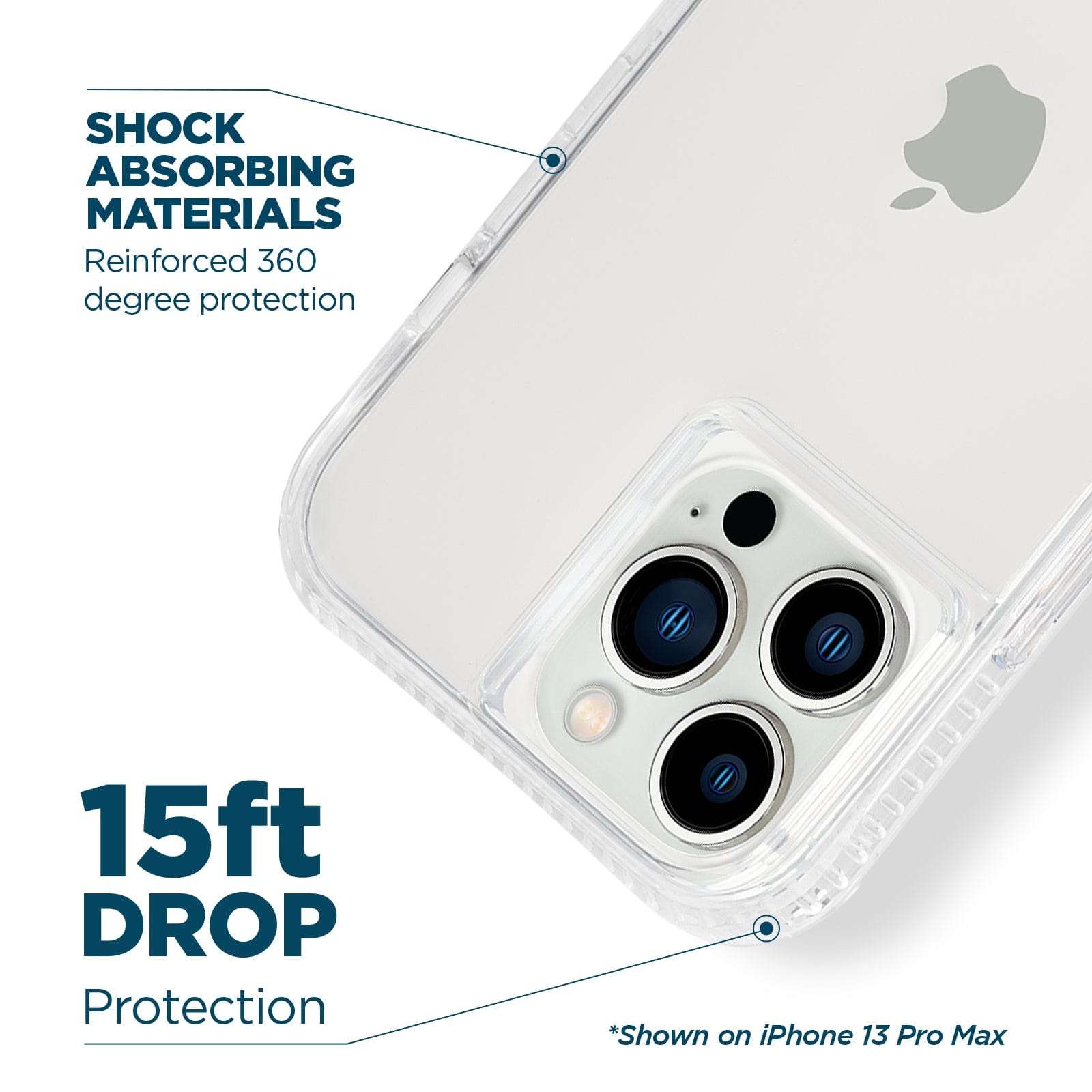 Shock absorbing materials reinforced 360 degree protection. 15ft drop protection. Shown on iPhone 13 Pro Max. color::Clear
