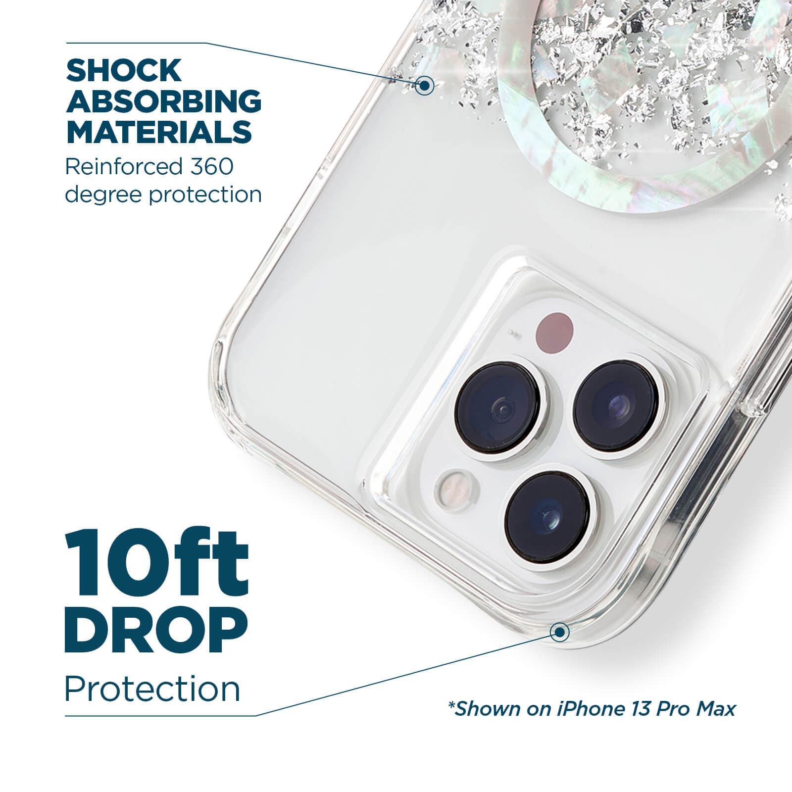 Shock absorbing materials reinforced 360 degree protection. 10ft drop protection. Shown on iPhone 13 Pro Max. color::Pearl