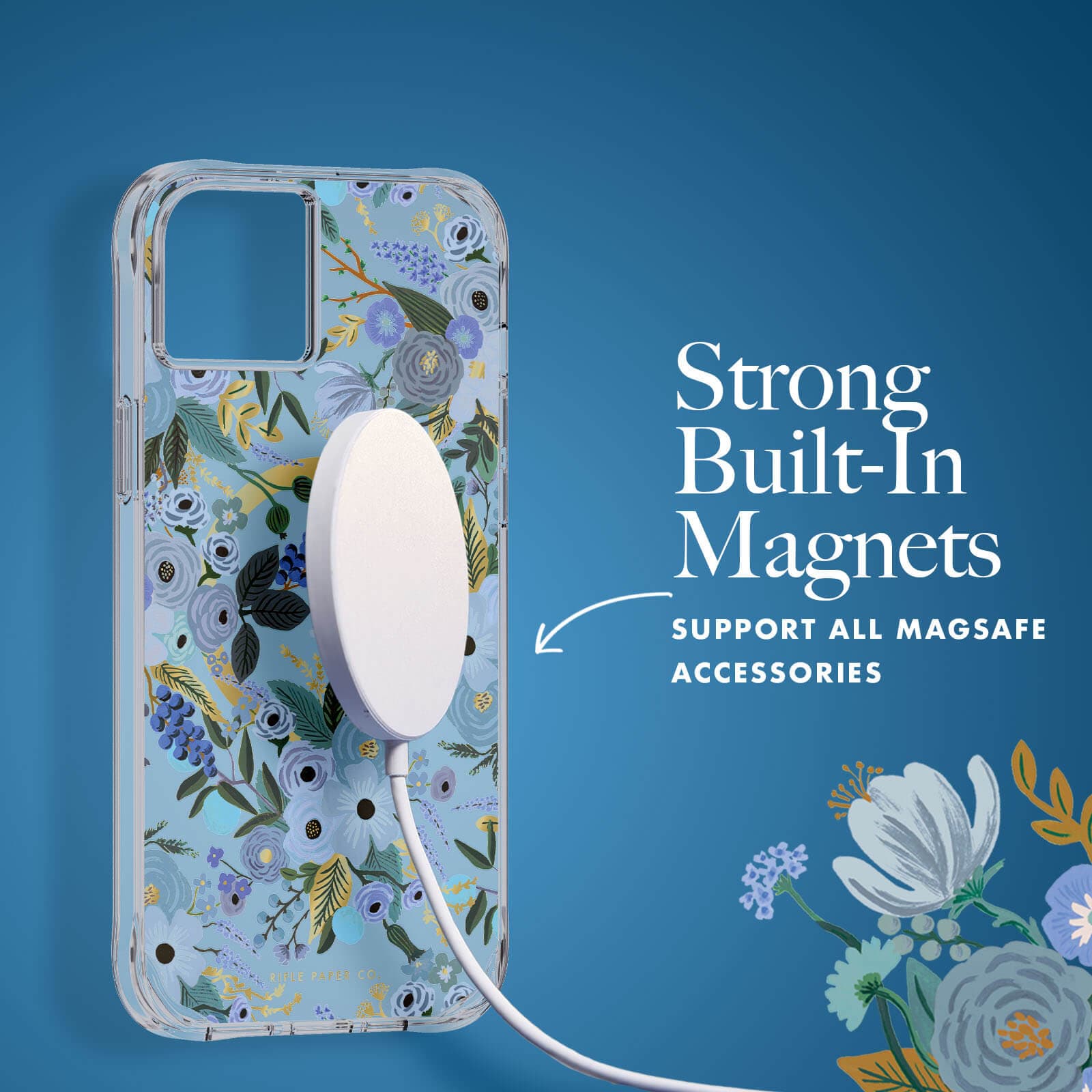 Strong, built in magnets support all MagSafe accessories. color::Garden Party Blue