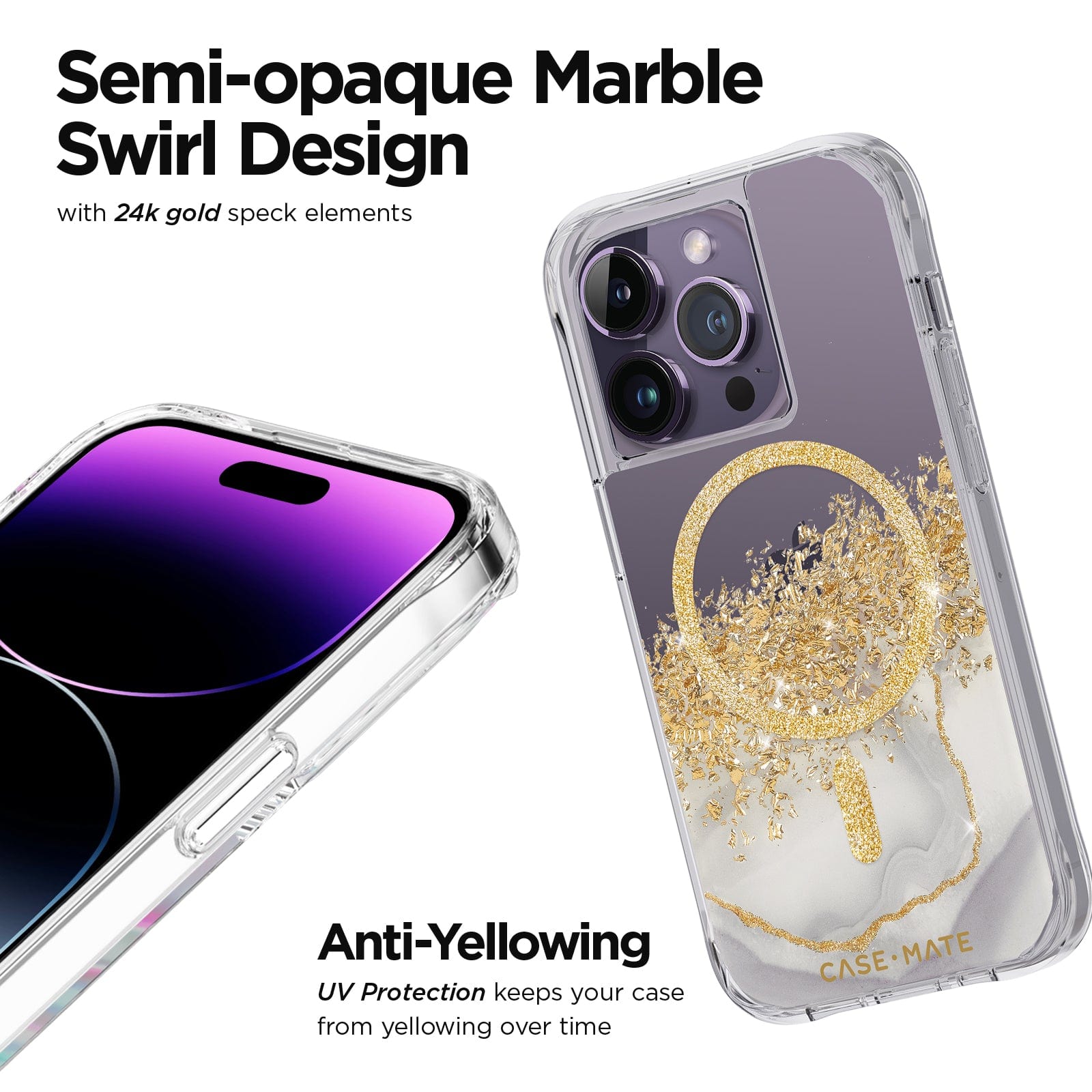 SEMI-OPAQUE MARBLE SWIRL DESIGN. WITH 24K GOLD SPECK ELEMENTS. ANTI-YELLOWING UV PROTECTION KEEPS YOUR CASE FORM YELLOWING OVER TIME. 
