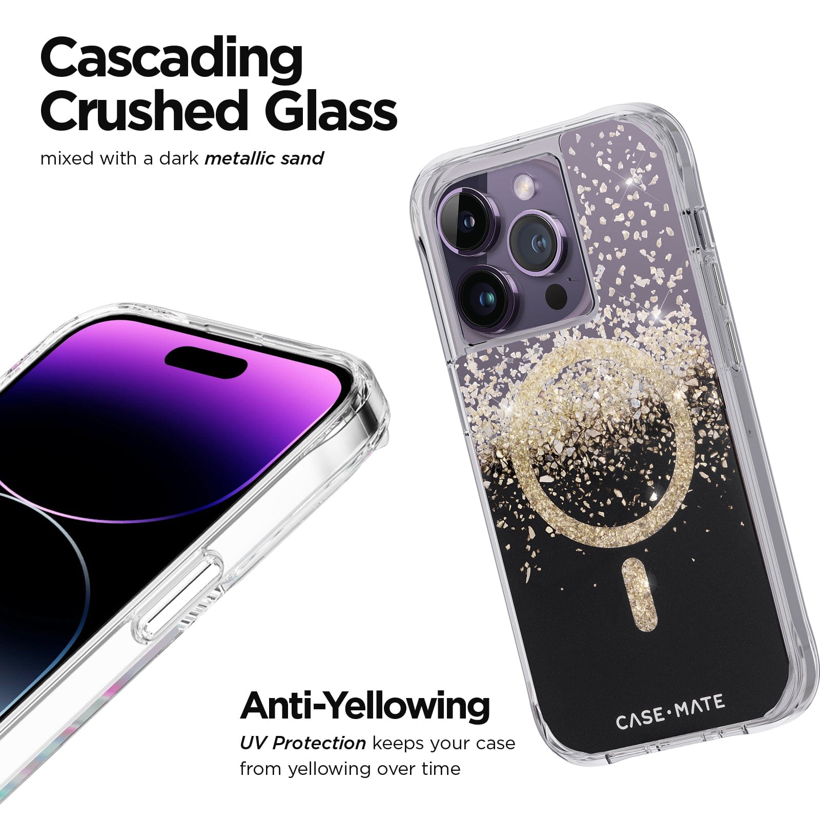 CASCADING CRUSHED GLASS MIXED WITH DARK METALLIC SAND/ ANTI-YELLOWING UV PROTECTION KEEPS YOUR CASE FROM YELLOWING OVER TIME. 