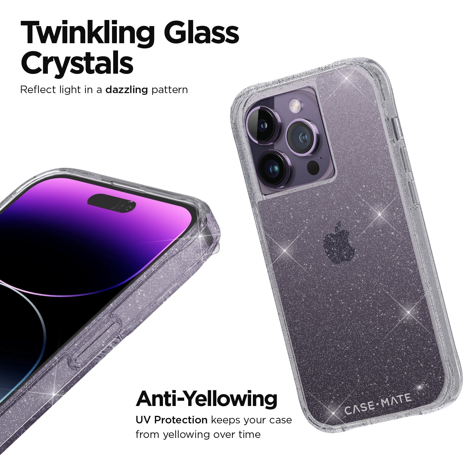 TWINKLING GLASS CRYSTALS. REFLECT IN A DAZZLING PATTERN. ANTI-YELLOWING UV PROTECTION KEEPS YOUR CASE FROM YELLOWING OVER TIME.