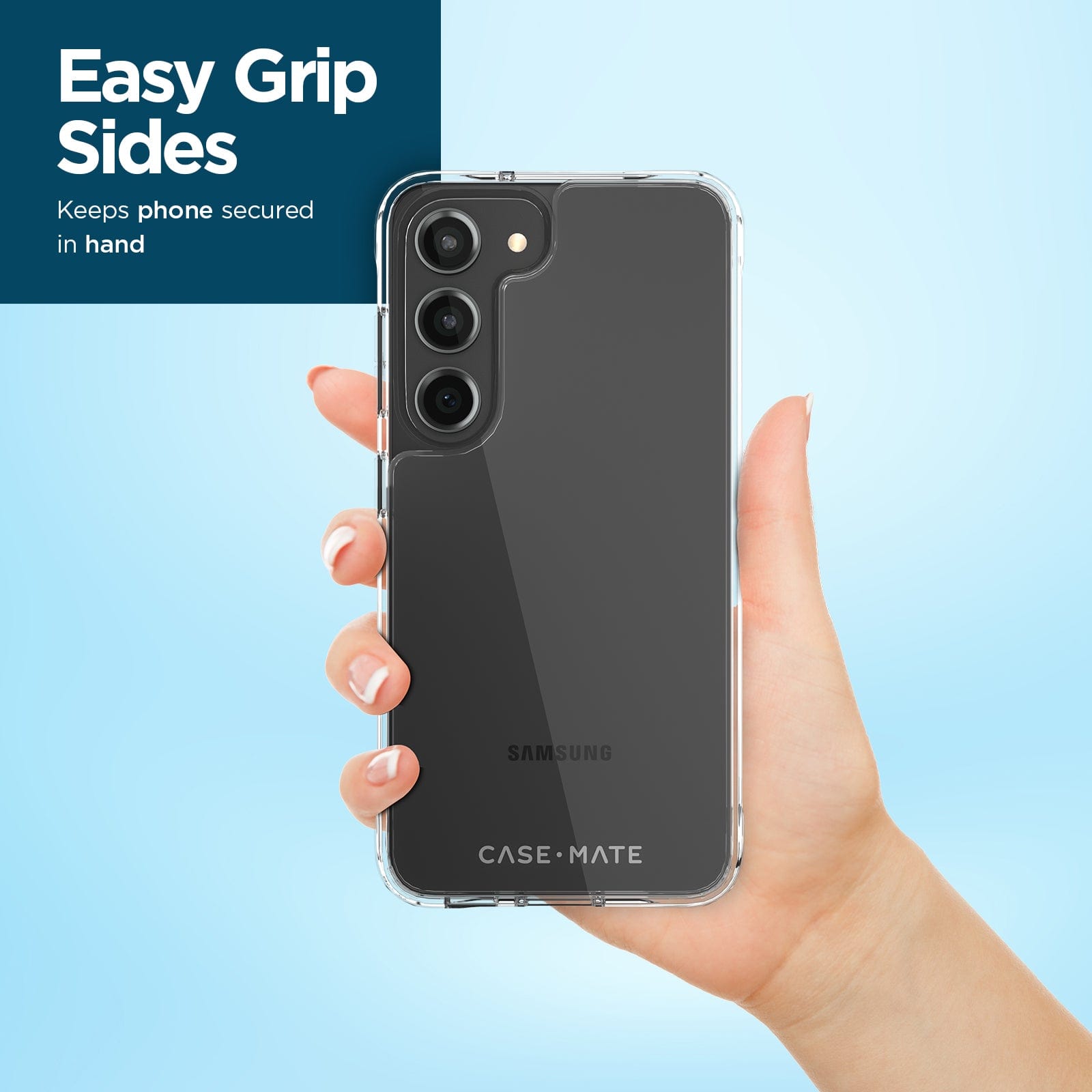 EASY GRIP SIDES. KEEPS PHONE SECURED IN HAND.