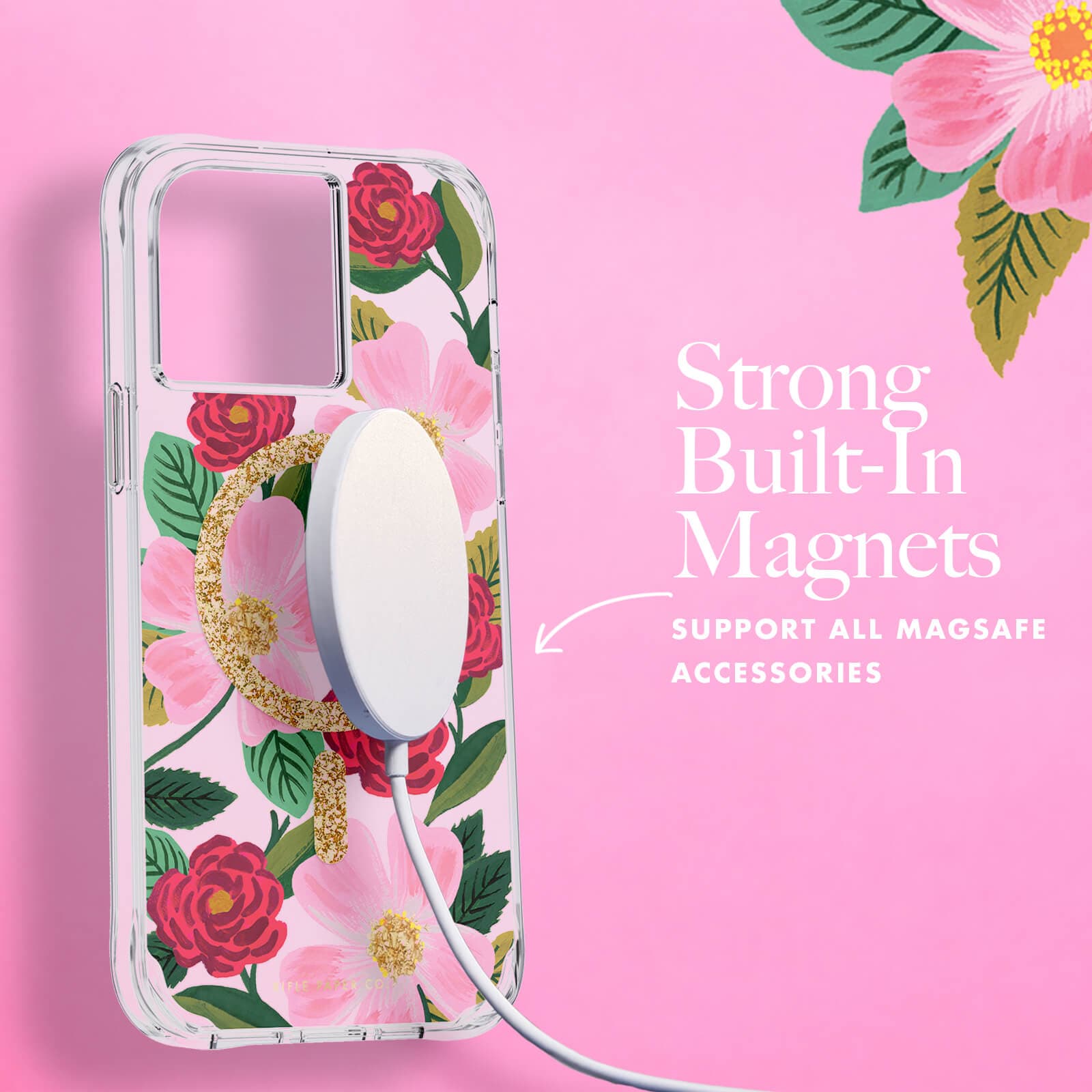 Strong built-in magnets support all MagSafe accessories. color::Rose Garden