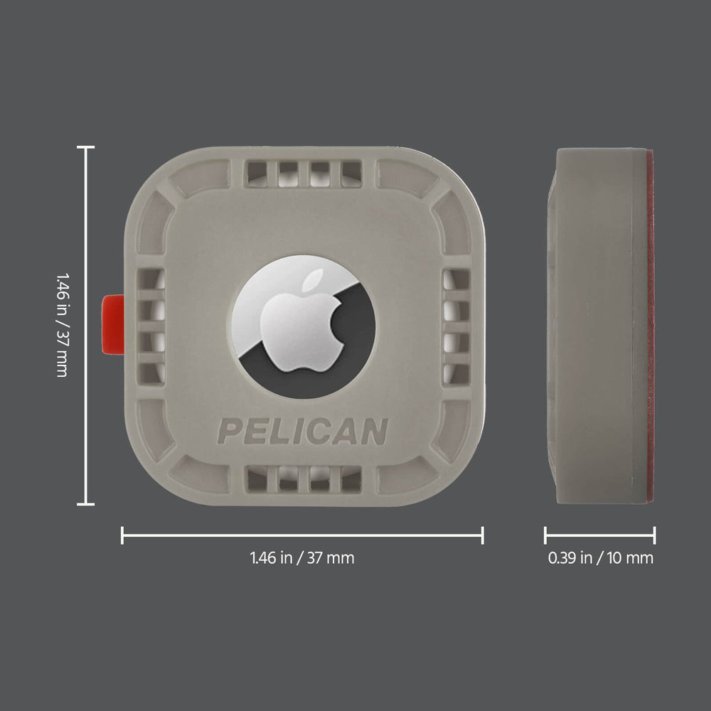 Grey square AirTag sticker mount with rounded corners, central circular opening, textured grip ridges, and red adhesive strip