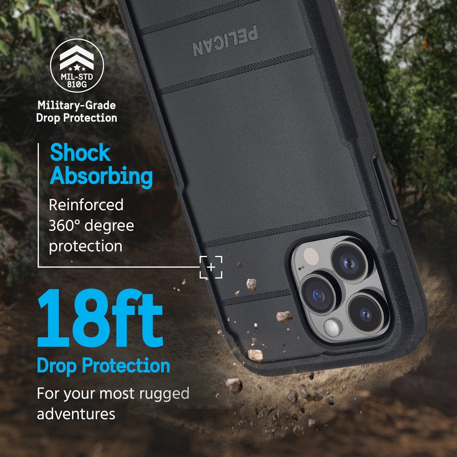 SHOCK ABSORBING REINFORCED 360 DEGREE PROTECTION. 18FT DROP PROTECTION FOR YOUR MOST RUGGED ADVENTURES. 