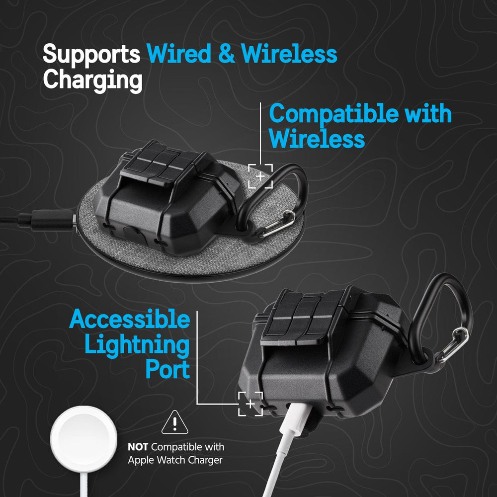 SUPPORTS WIRED AND WIRELESS CHARGING. COMPATIBLE WITH WIRELESS. ACCESSIBLE  LIGHTNING PORT. NOT COMPATIBLE WITH APPLE WATCH CHARGER