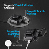SUPPORTS WIRED AND WIRELESS CHARGING. COMPATIBLE WITH WIRELESS. ACCESSIBLE  LIGHTNING PORT. NOT COMPATIBLE WITH APPLE WATCH CHARGER