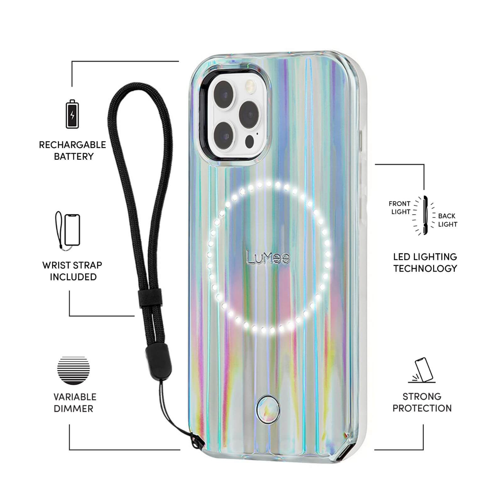 Features Rechargeable Batter, Wrist Strap Included, Variable Dimmer, Front light and back light LED lighting technology, strong protection. color::Holographic