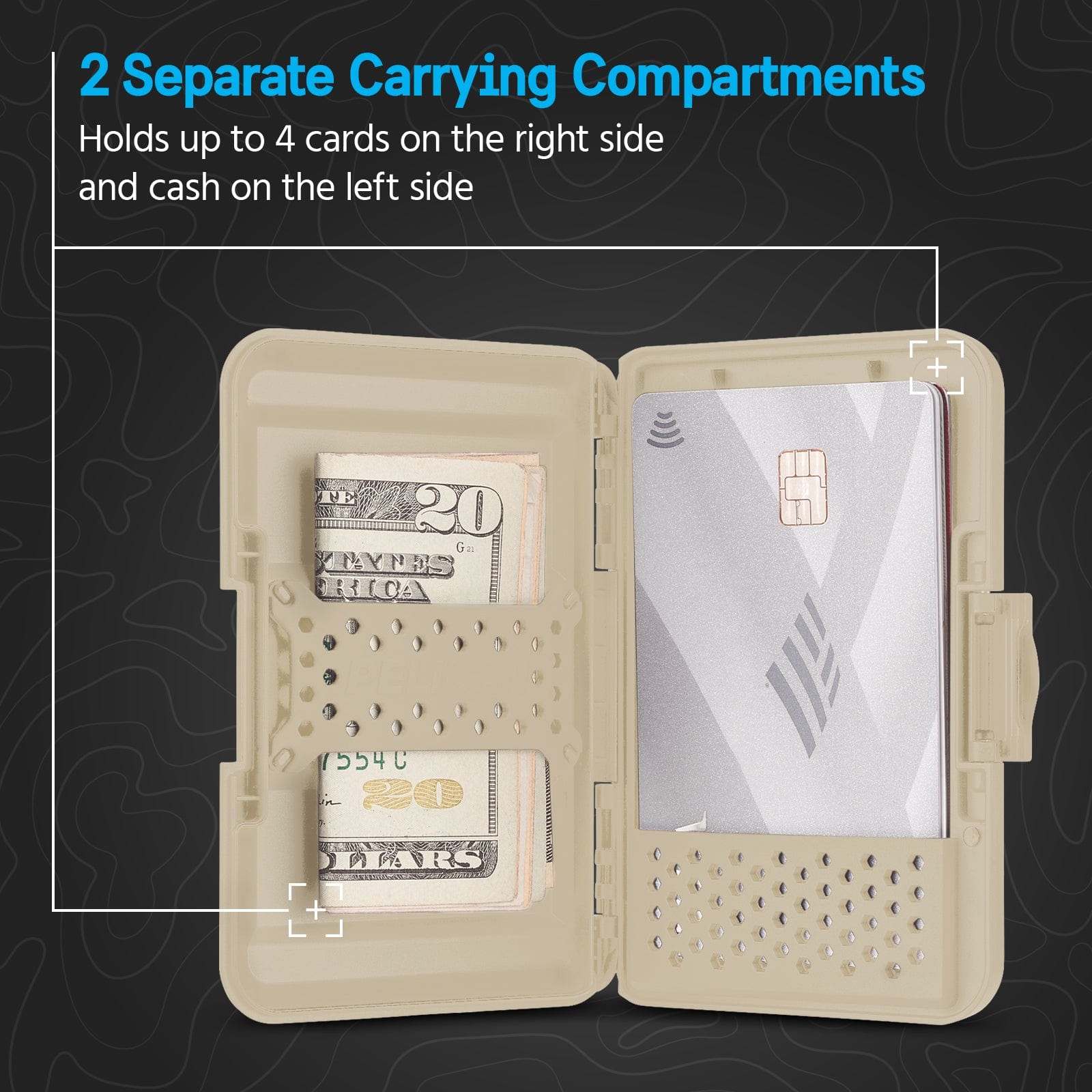 2 SEPARATE CARRYING COMPARTMENTS. HOLDS UP TO 4 CARDS ON THE RIGHT SIDE AND CASH ON THE LEFT SIDE. 
