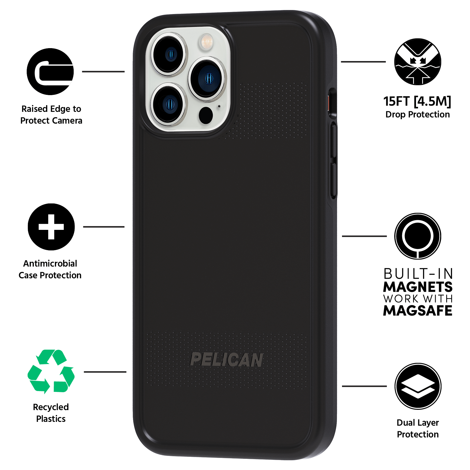 Raised Edge to Protect Camera, Antimicrobial Case Protection, Recycled Plastics, 15FT [4.5M] Drop Protection, Built-in Magnets Works with MagSafe, Dual Layer Protection. color::Black