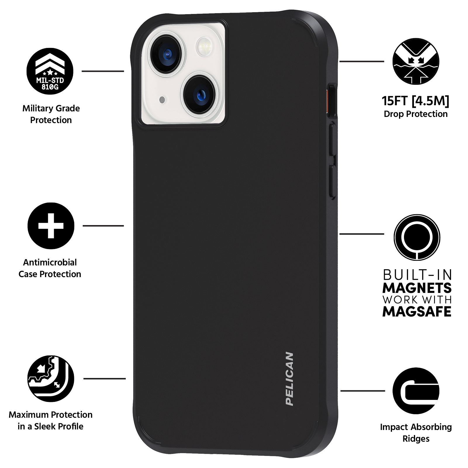 Military Grade Protection, Antimicrobial Case Protection, Maximum Protection in a Sleek Profile, 15FT [4.5M] Drop Protection, Built-In Magnets work with MagSafe, Impact Absorbing Ridges. color::Black