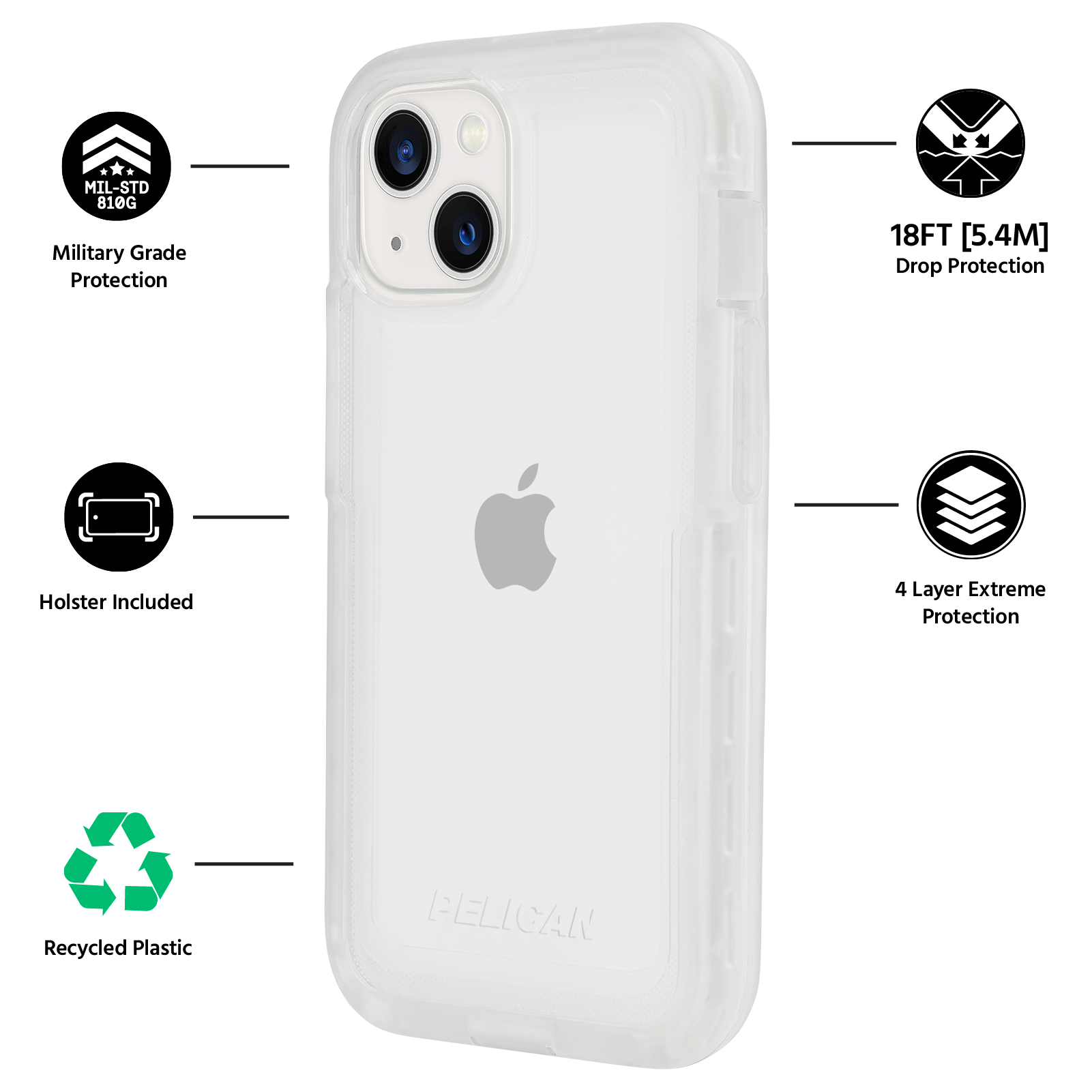 Military Grade Protection, Holster Included, Recycled Plastic, 18FT [5.4M] Drop Protection, 4 Layer Extreme Protection. color::Clear