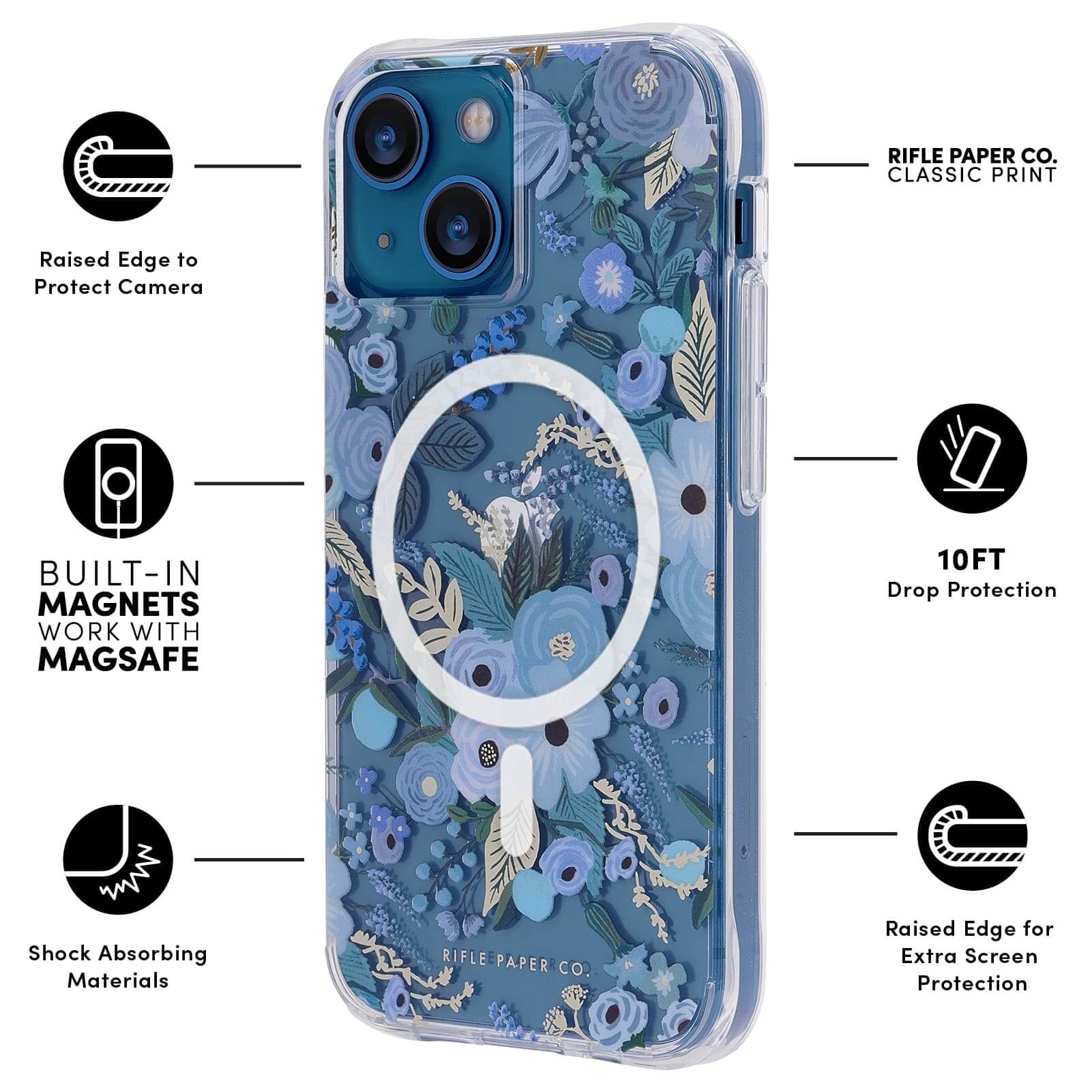 FEATURES: RAISED EDGE TO PROTECT CAMERA, BUILT-IN MAGNETS WORK WITH MAGSAFE, SHOCK ABSORBING MATERIALS, RIFLE PAPER CO. CLASSIC PRINT, 10FT DROP PROTECTION, RAISED EDGE FOR SCREEN PROTECTION. COLOR::GARDEN PARTY BLUE