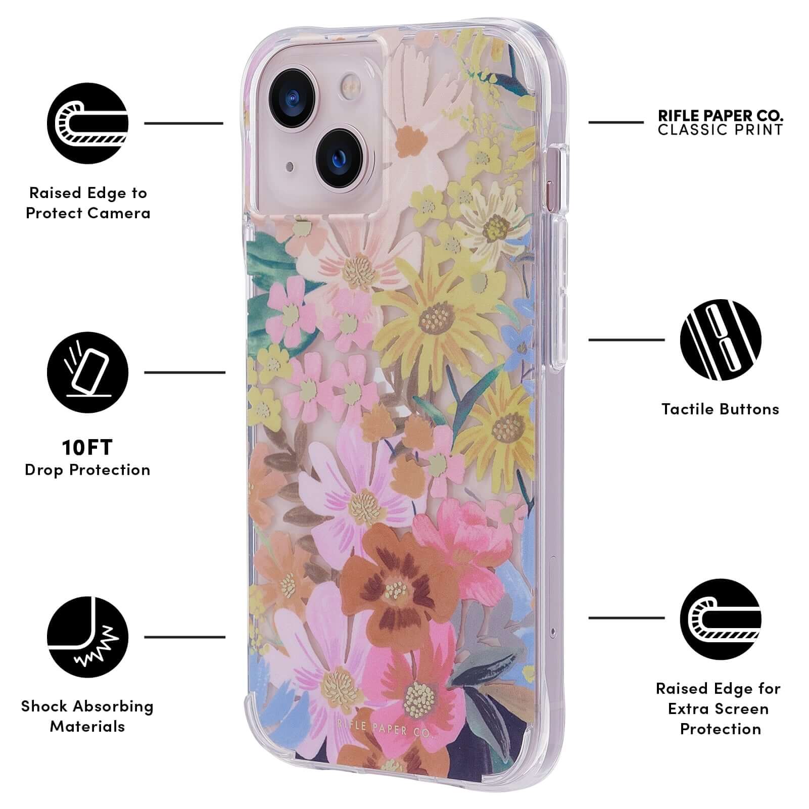 FEATURES: RAISED EDGE TO PROTECT CAMERA, 10 FT DROP PROTECTION, SHOCK ABSORBING MATERIALS, RIFLE PAPER CO. CLASSIC PRINT, TACTILE BUTTONS, RAISED EDGE FOR EXTRA SCREEN PROTECTION. COLOR::MARGUERITE