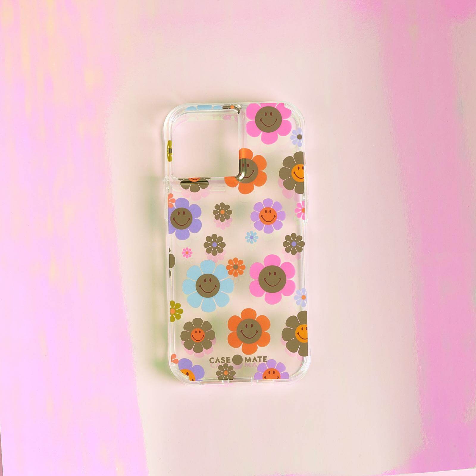 Retro flowers case for iPhone 13 mini on pink background. color::Retro Flowers