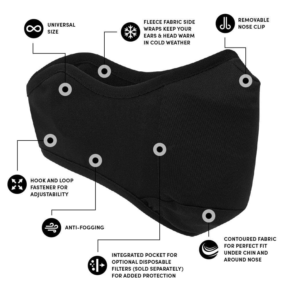 Features universal size, fleece fabric side wraps keep your ears and head warm in cold weather, removable nose clip, hook and loop fastener for adjustability, anti-fogging, integrated pocket for optional disposable filters (sold separately) for added protection, contoured fabric for perfect fit under chin and around nose. color::Black