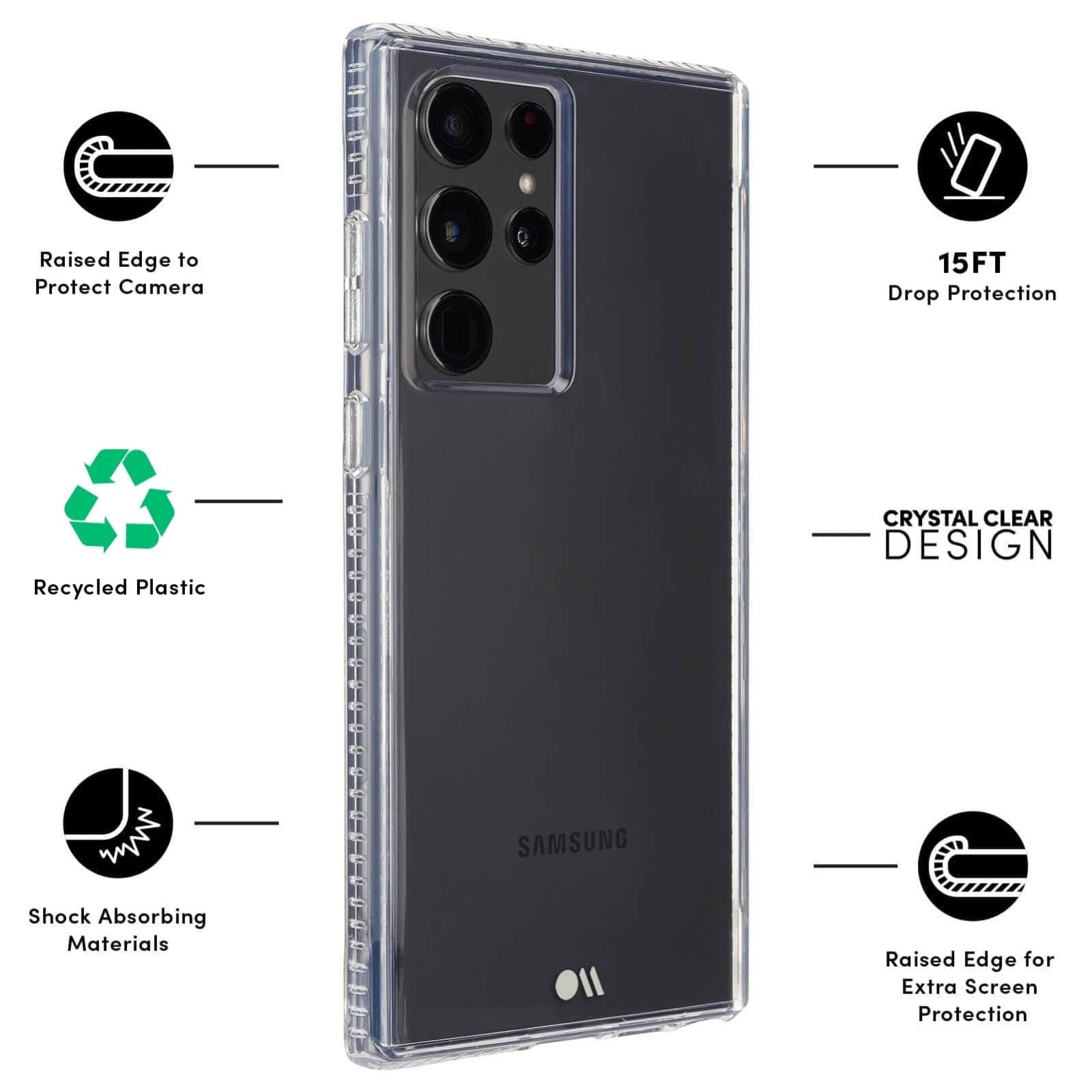 FEATURES: RAISED EDGE TO PROTECT CAMERA, RECYCLED PLASTIC, SHOCK ABSORBING MATERIALS, 15FT DROP PROTECTION, CRYSTAL CLEAR DESIGN, RAISED EDGE FOR EXTRA SCREEN PROTECTION. COLOR::CLEAR
