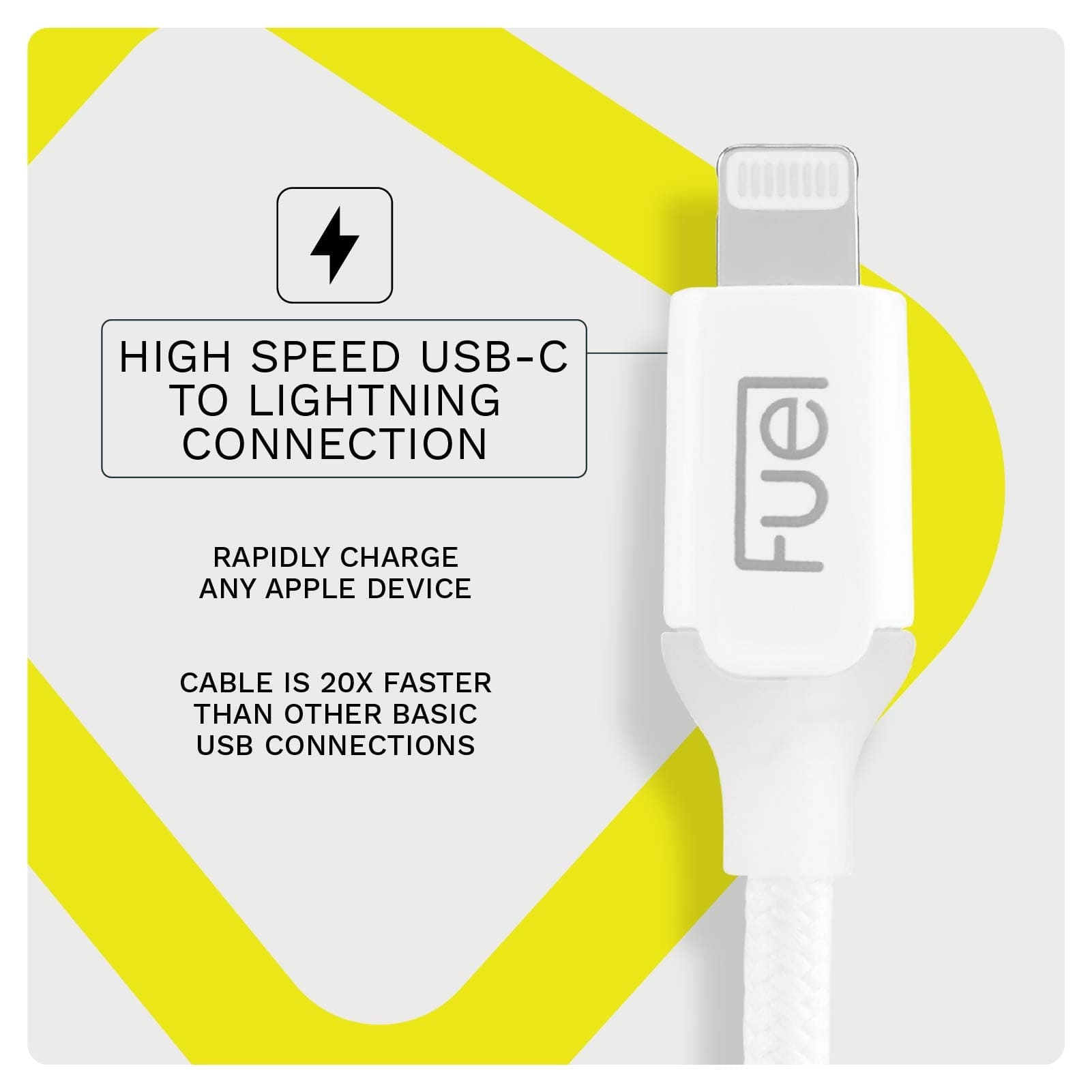 HIGH SPEED USB-C TO LIGHTNING CONNECTION. RAPIDLY CHARGE ANY APPLE DEVICE. ABLE IS 20X FASTER THAN OTHER BASIC USB CONNECTIONS. COLOR::WHITE