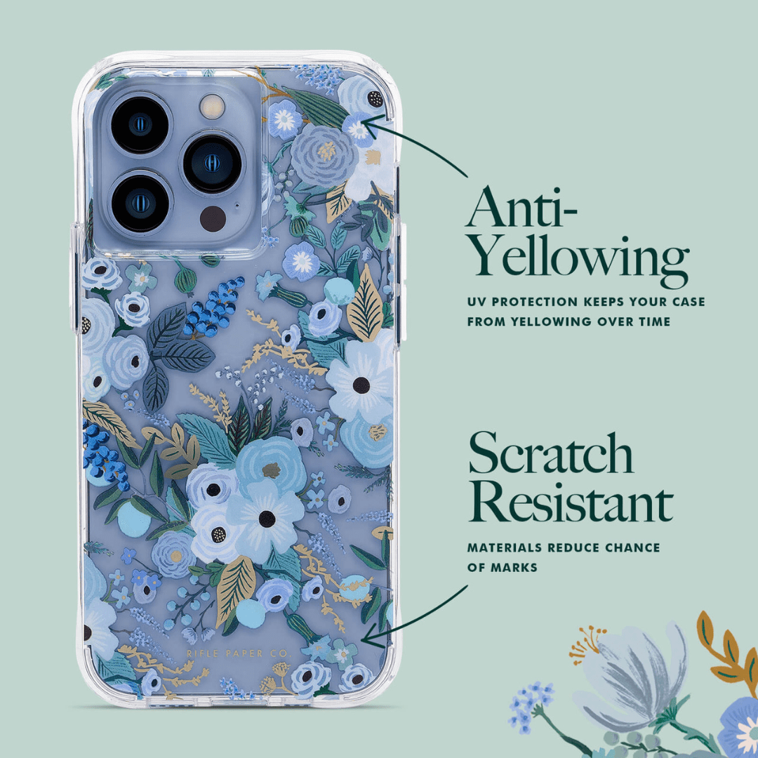 Anti-yellowing uv protection keeps your case from yellowing over time. Scratch resistant materials reduce chance of marks. color::Garden Party Blue