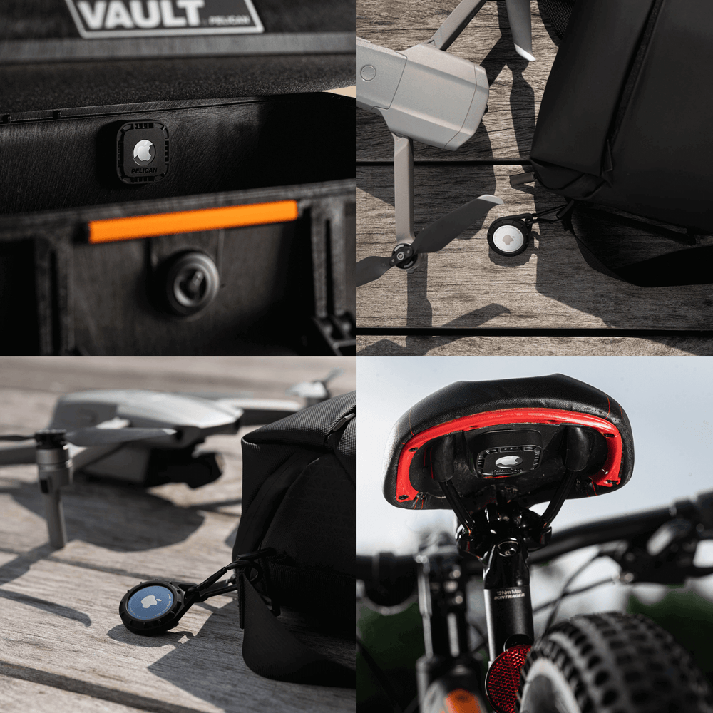 Sticker Mount placed inside Pelican vault. Keychain Case attached to bag. Sticker Mount attached to bike. color::Black