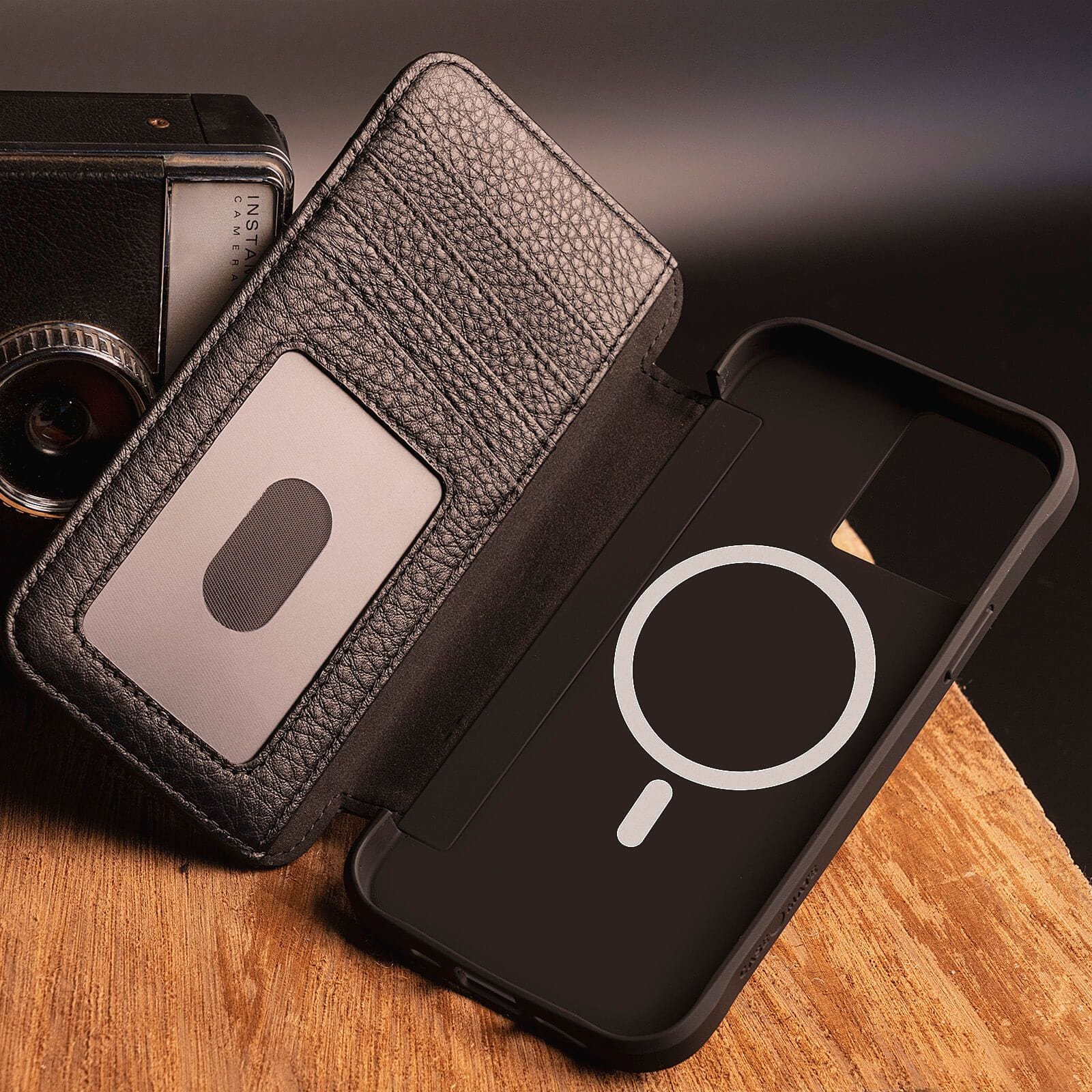 Black leather magnetic flap wallet case with MagSafe built in. color::Black