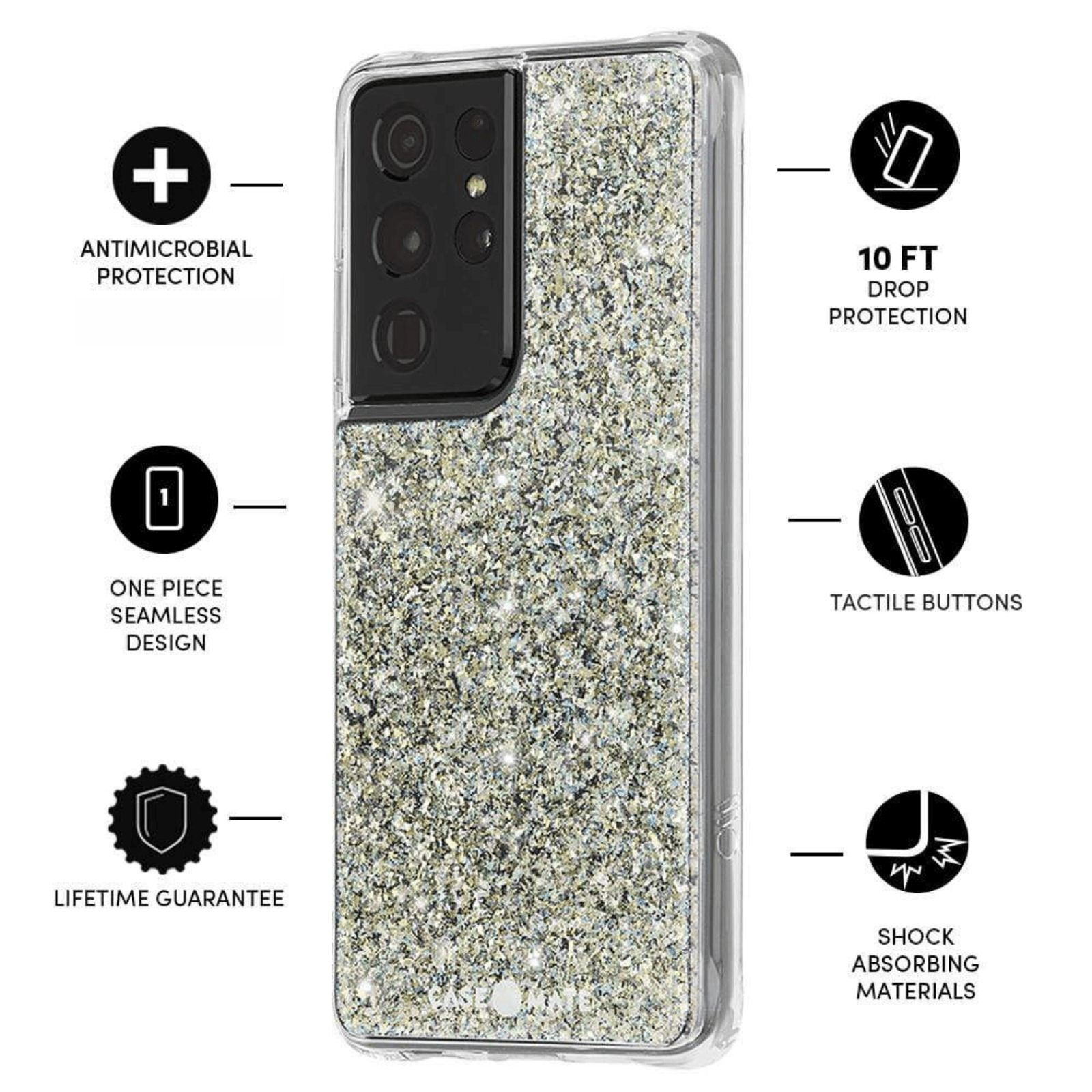 Features Antimicrobial Protection, One Piece Seamless Design, Lifetime Guarantee, 10 FT Drop Protection, Tactile Buttons. Shock Absorbing Materials. color::Twinkle Stardust