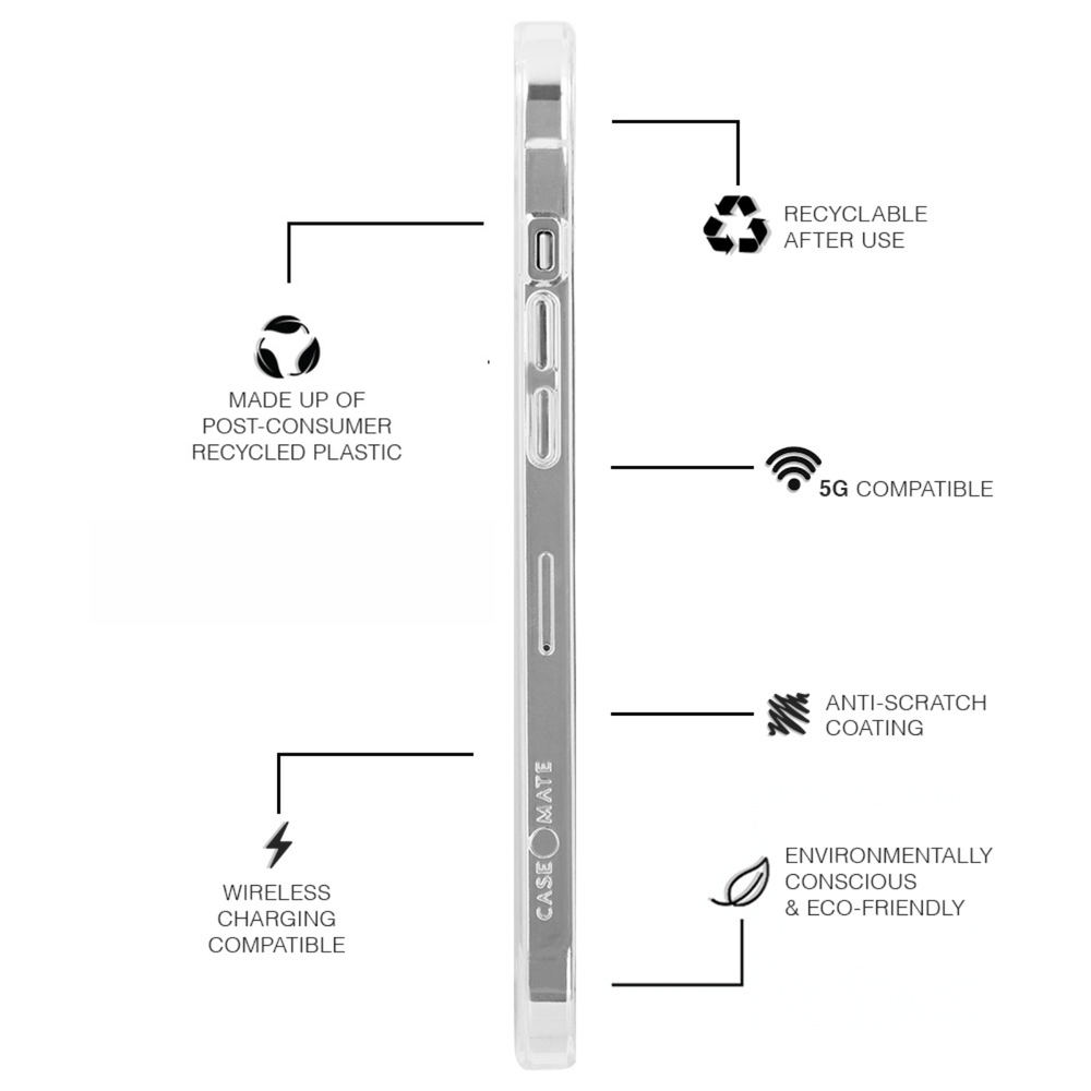 Features made up of post-consumer recycled plastic, wireless charging compatible, recyclable after use, 10ft drop protection, anti-scratch coating environmentally conscious & eco-friendly. color::Clear
