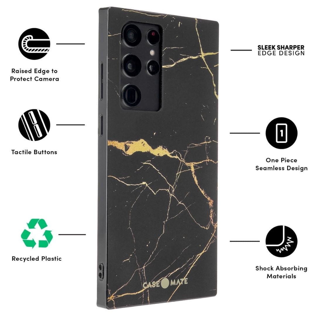 FEATURES: RAISED EDGE TO PROTECT CAMERA, TACTILE BUTTONS, RECYCLED PLASTIC, SLEEK SHARPER EDGE DESIGN, ONE PIECE SEAMLESS DESIGN, SHOCK ABSORBING MATERIALS. COLOR::BLACK/GOLD MARBLE
