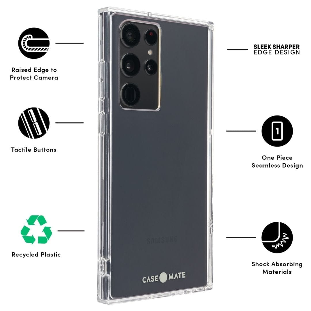 FEATURES: RAISED EDGE TO PROTECT CAMERA, TACTILE BUTTONS, RECYCLED PLASTIC, SLEEK SHARPER EDGE DESIGN, ONE PIECE SEAMLESS DESIGN, SHOCK ABSORBING MATERIALS. COLOR::CLEAR
