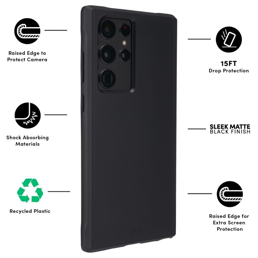 RAISED EDGE TO PROTECT CAMERA, SHOCK ABSORBING MATERIALS, RECYCLED PLASTIC, 15FT DROP PROTECTION, SLEEK MATTE BLACK FINISH, RISED EDGE FOR EXTRA SCREEN PROTECTION. COLOR::BLACK