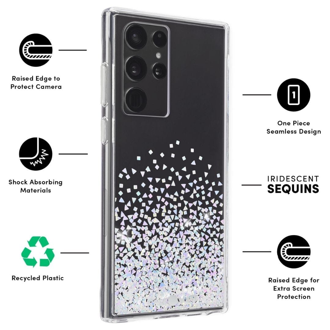 RAISED EDGE TO PROTECT CAMERA, SHOCK ABSORBING MATERIALS, RECYCLED PLASTIC, ONE PIECE SEAMLESS DESIGN, IRIDESCENT SEQUINS. RAISED EDGE FOR EXTRA SCREEN PROTECTION. COLOR::TWINKLE DIAMOND
