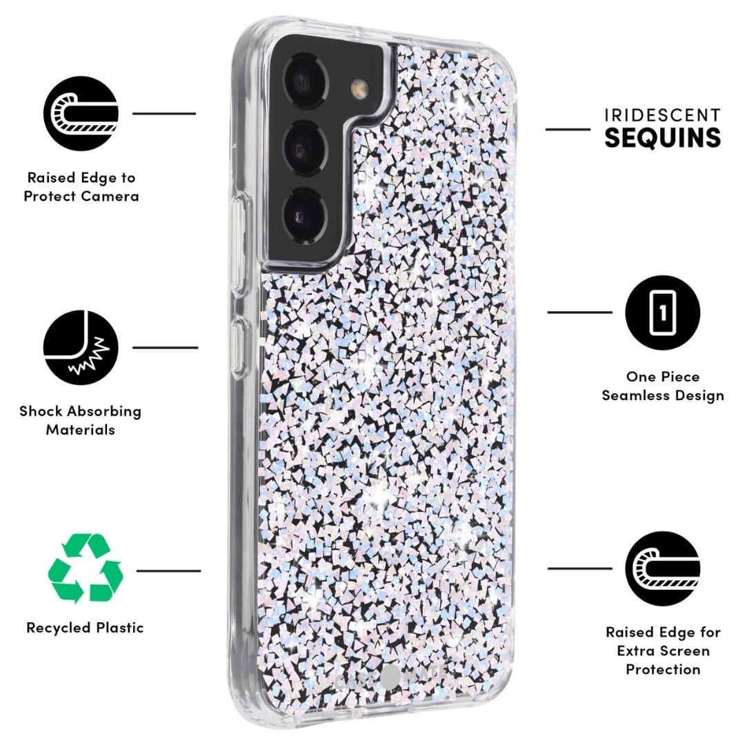RAISED EDGE TO PROTECT CAMERA, SHOCK ABSORBING MATERIALS, RECYCLED PLASTIC, IRIDESCENT SEQUINS, ONE PIECE SEAMLESS DESIGN, RAISED EDGE FOR EXTRA SCREEN PROTECTION. COLOR::TWINKLE DIAMOND