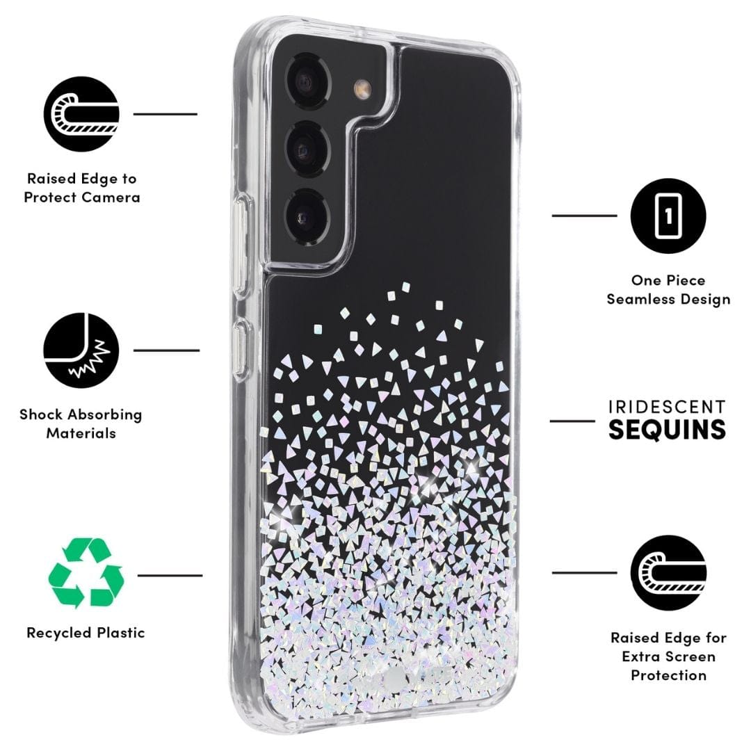 RAISED EDGE TO PROTECT CAMERA, SHOCK ABSORBING MATERIALS, RECYCLED PLATIC, ONE PIECE SEAMLESS DESIGN, RAISED EDGE FOR EXTRA SCREEN PROTECTION. COLOR::TWINKLE DIAMOND