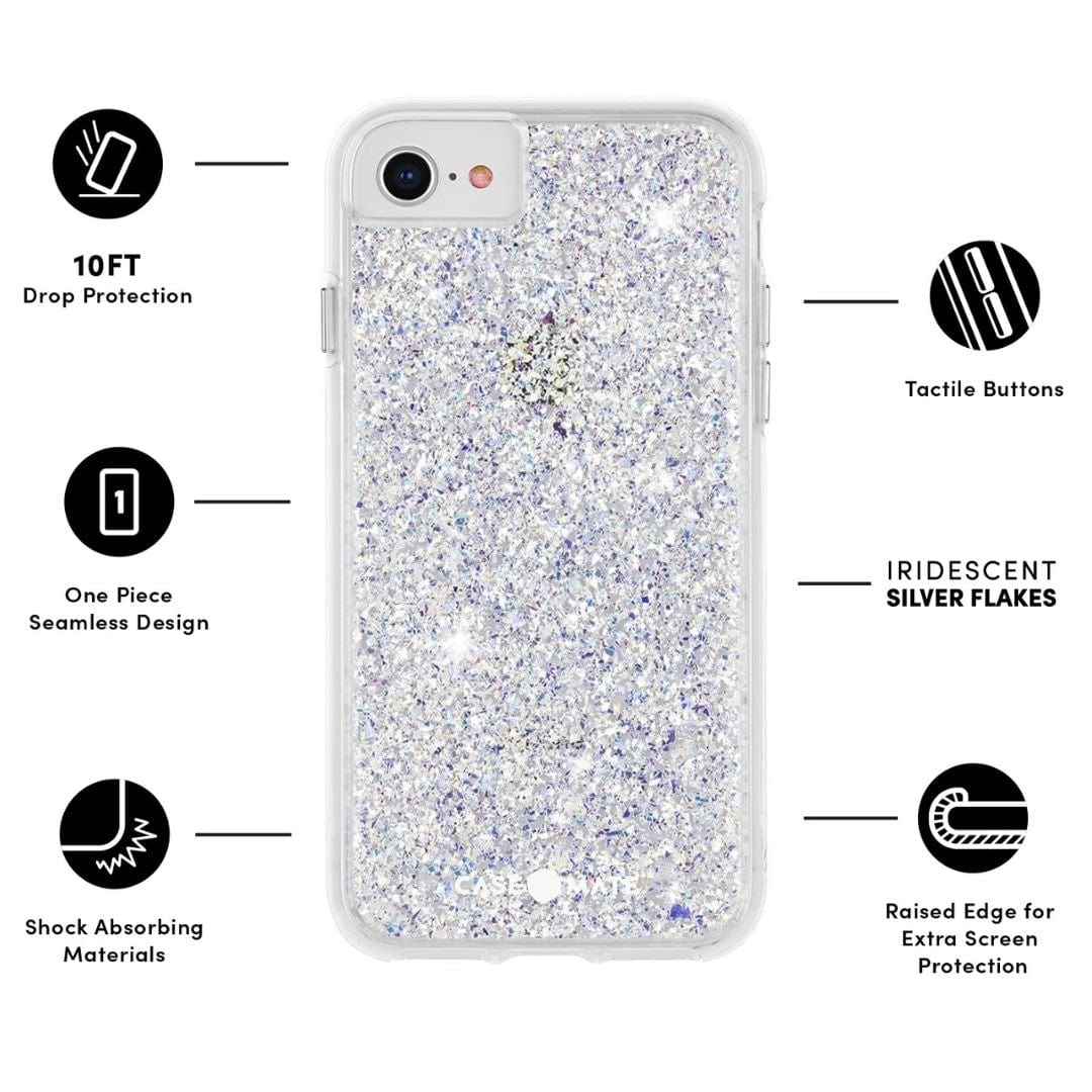 10 FT DROP PROTECTION, ONE PIECE SEAMLESS DESIGN, SHOCK ABSORBING MATERIALS, TACTILE BUTTONS, IRIDESCENT SILVER FLAKES, RAISED EDGE FOR EXTRA SCREEN PROTECTION. COLOR::TWINKLE STARDUST
